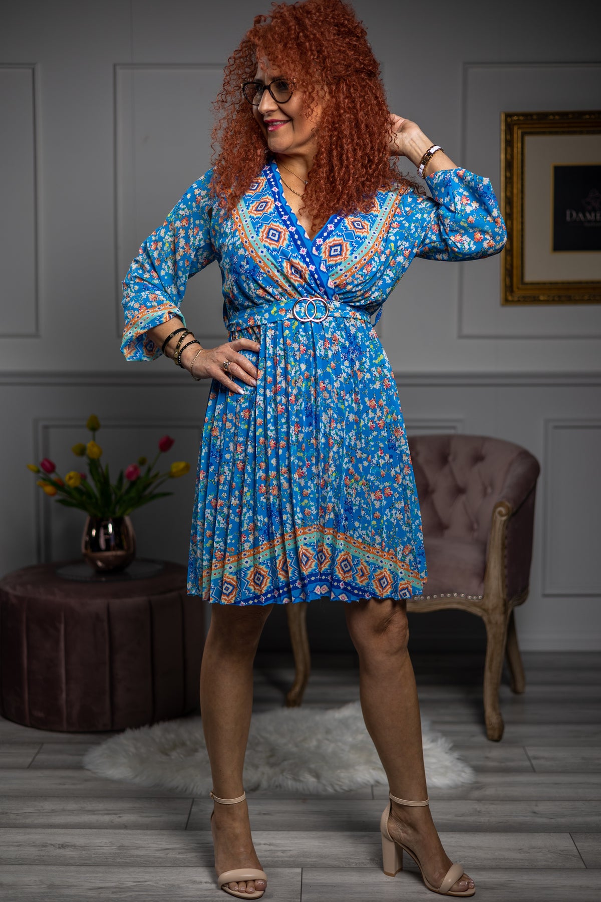 Pleated Wrap Front Dress Floressa Blue