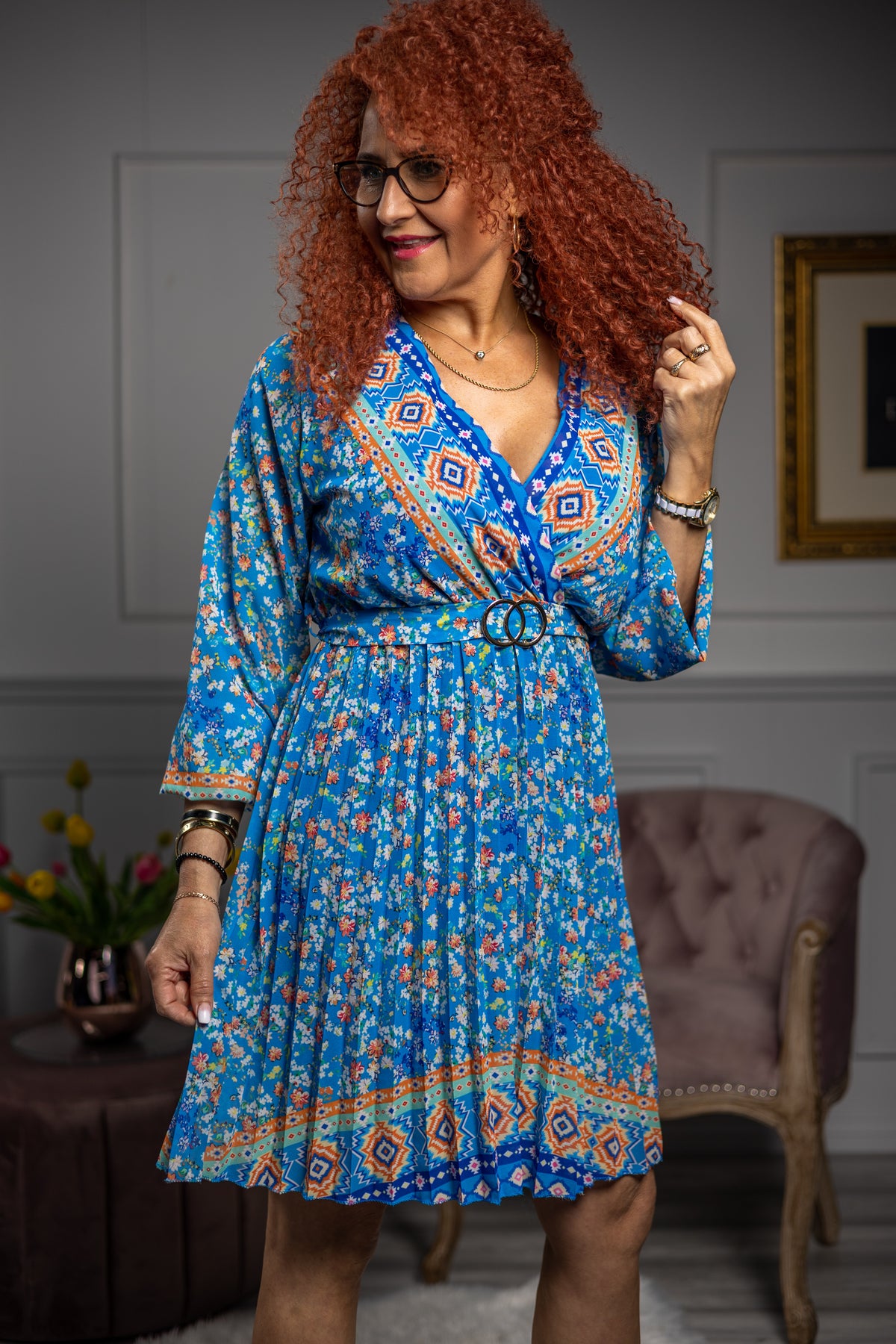 Pleated Wrap Front Dress Floressa Blue