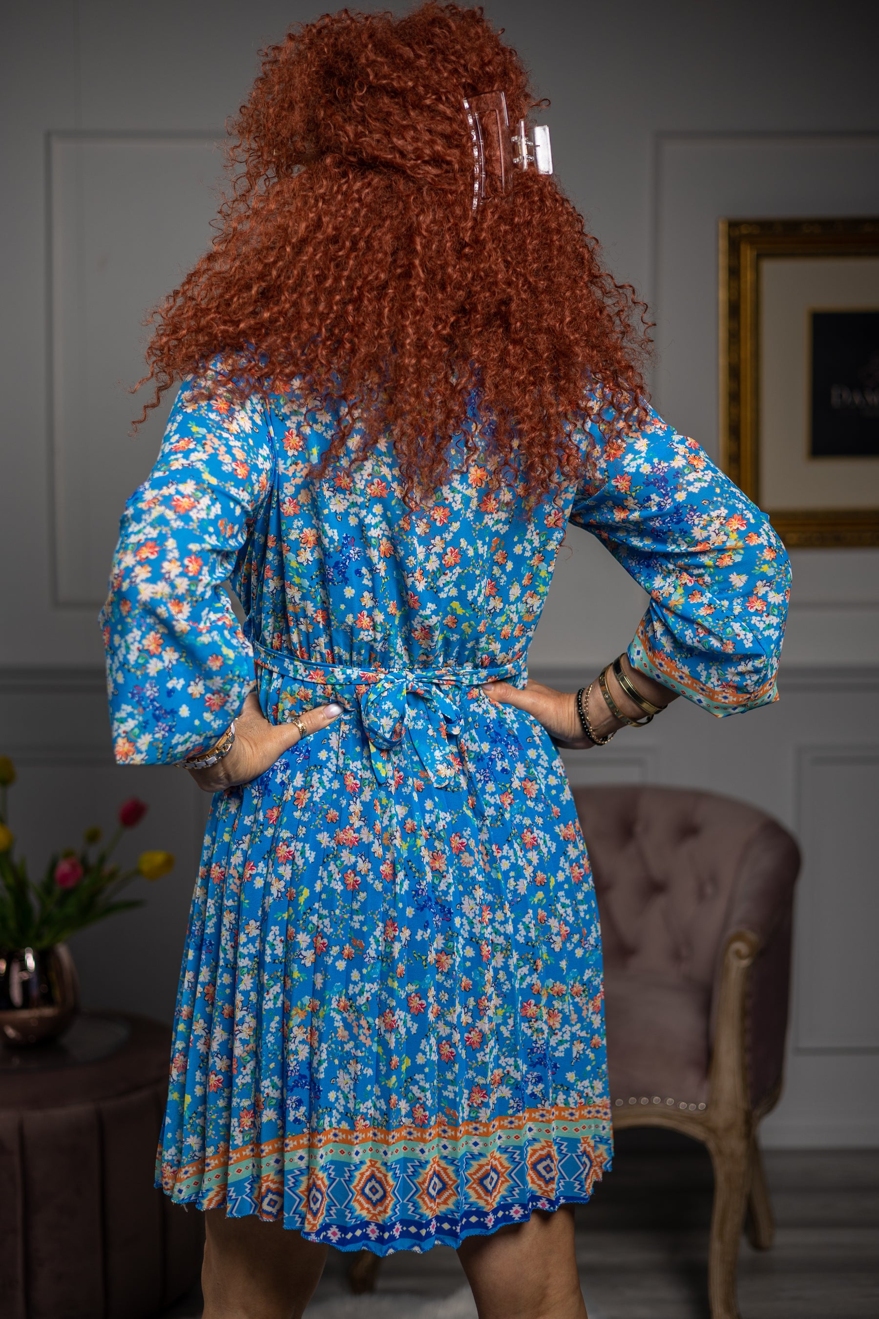 Pleated Wrap Front Dress Floressa Blue