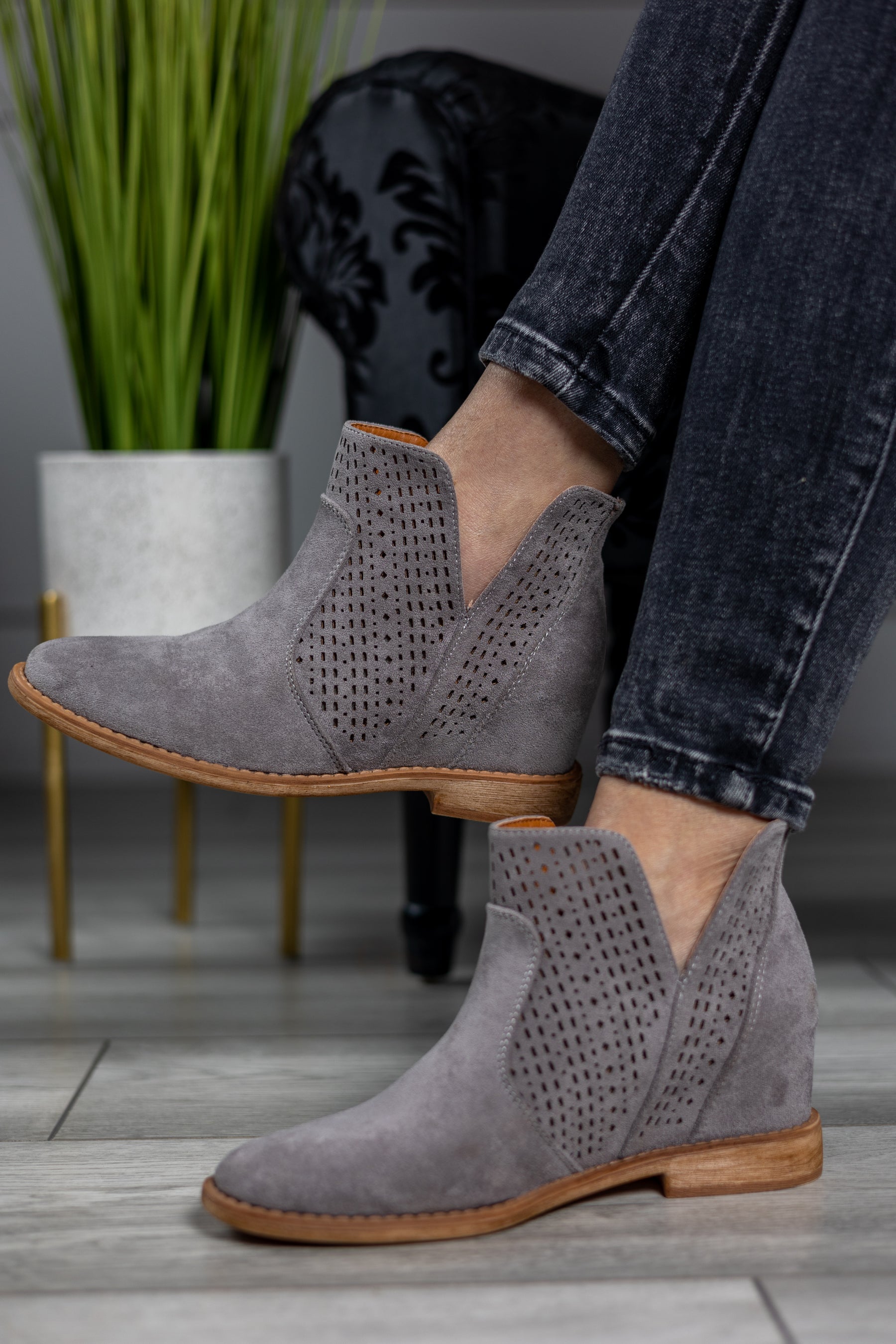 Faux Suede Laser Cut Boots Quinn Grey