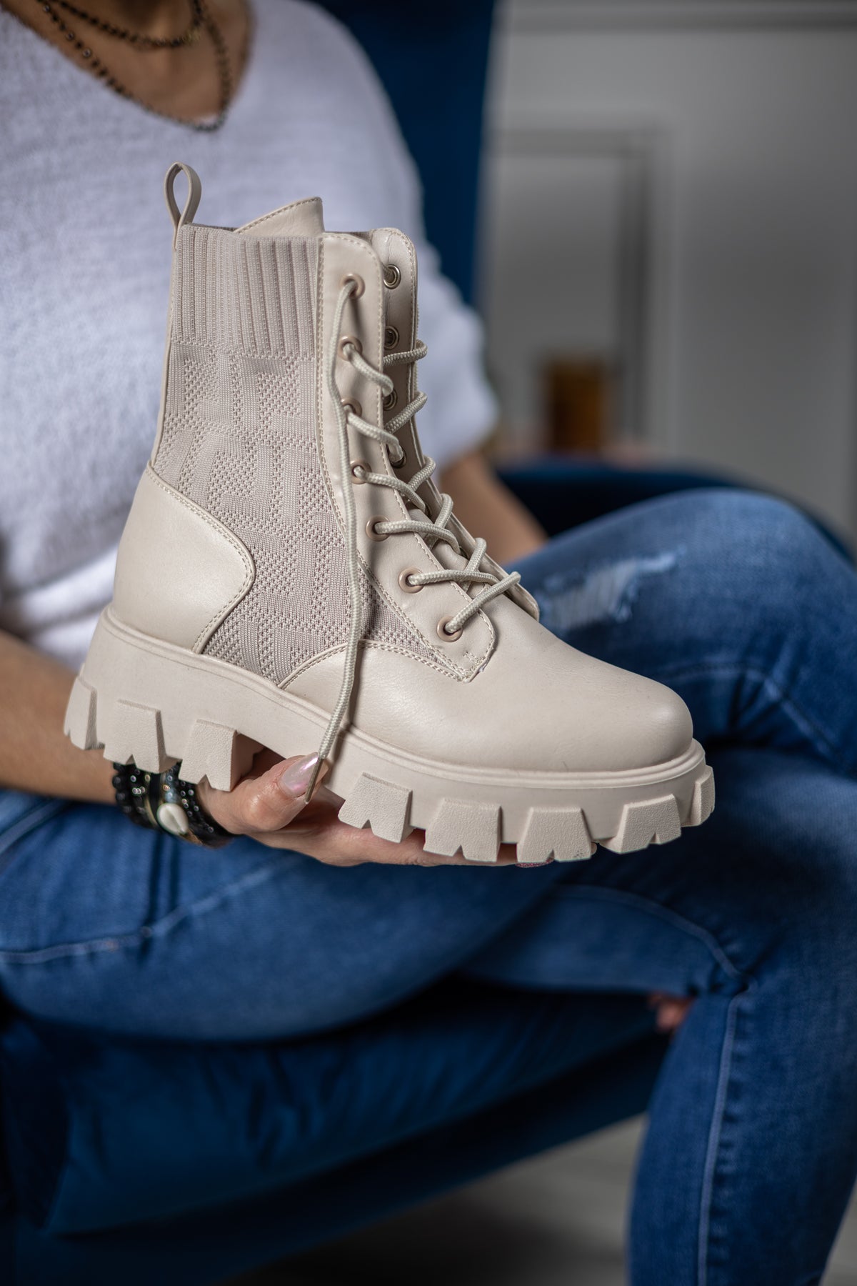 Sock Style Chunky Boots Palermo Beige