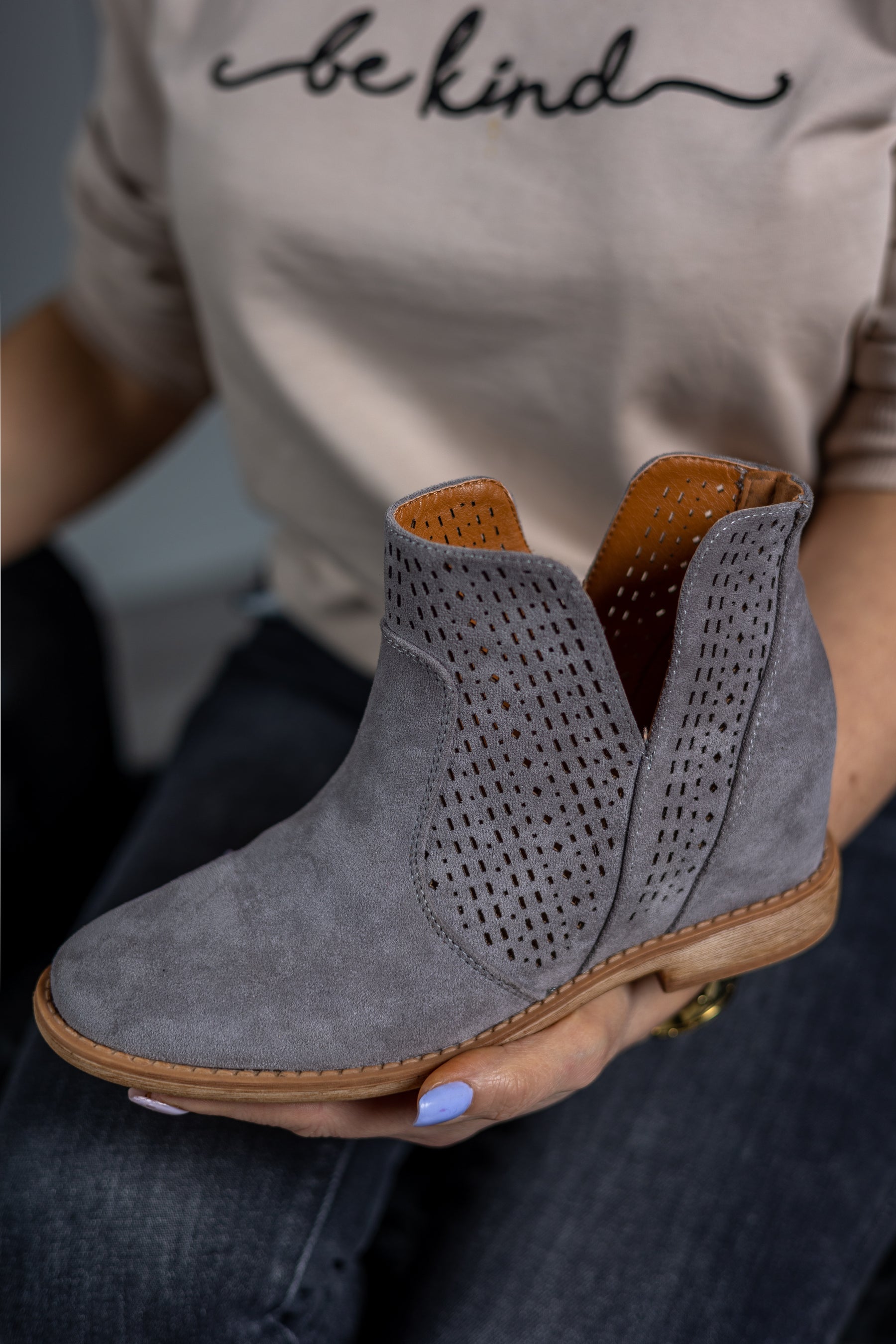 Faux Suede Laser Cut Boots Quinn Grey