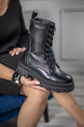 Faux Leather Chunky Worker Boots Ivette Black