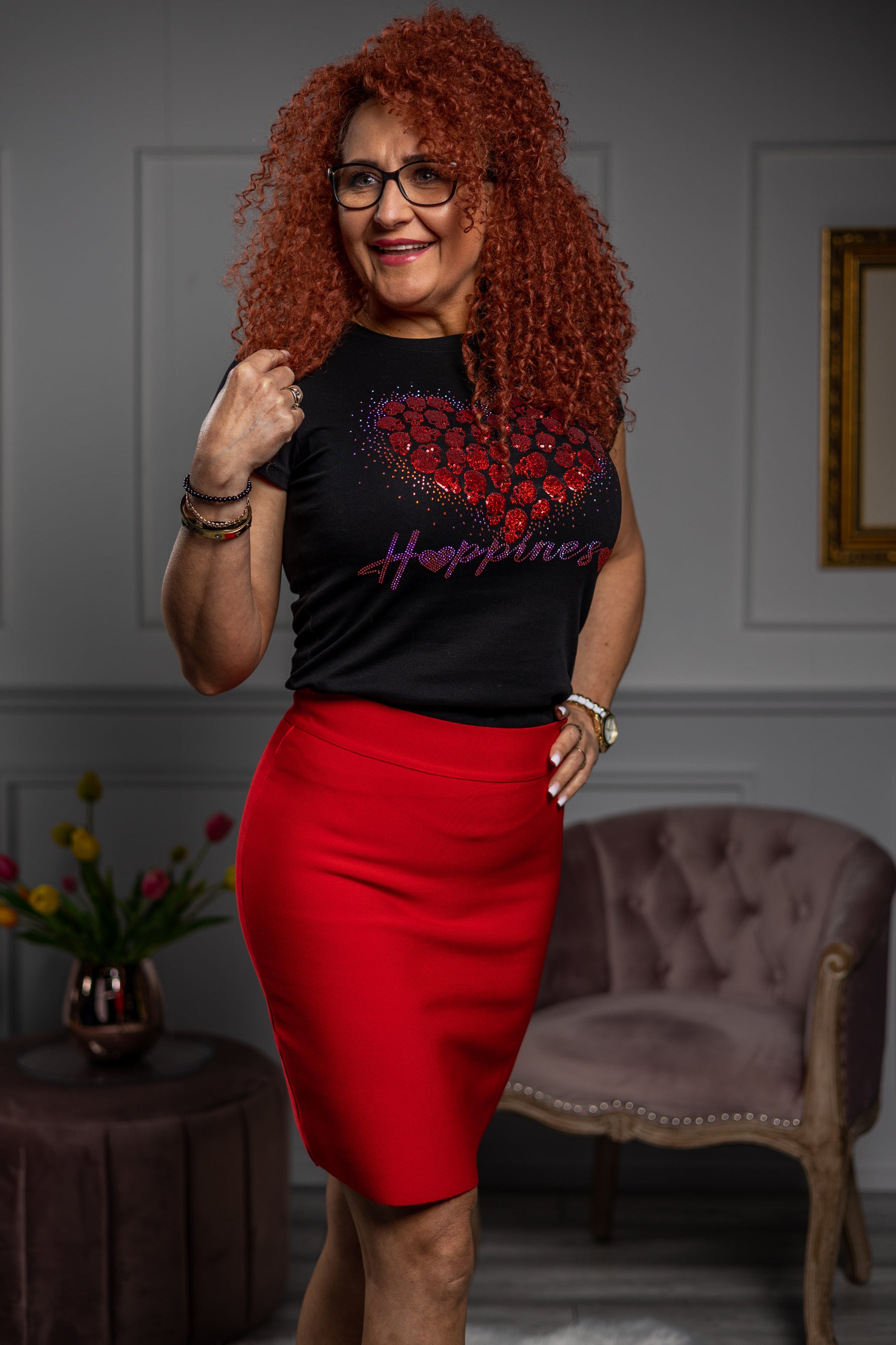 Zirconia Detail Heart T-shirt Happiness Black