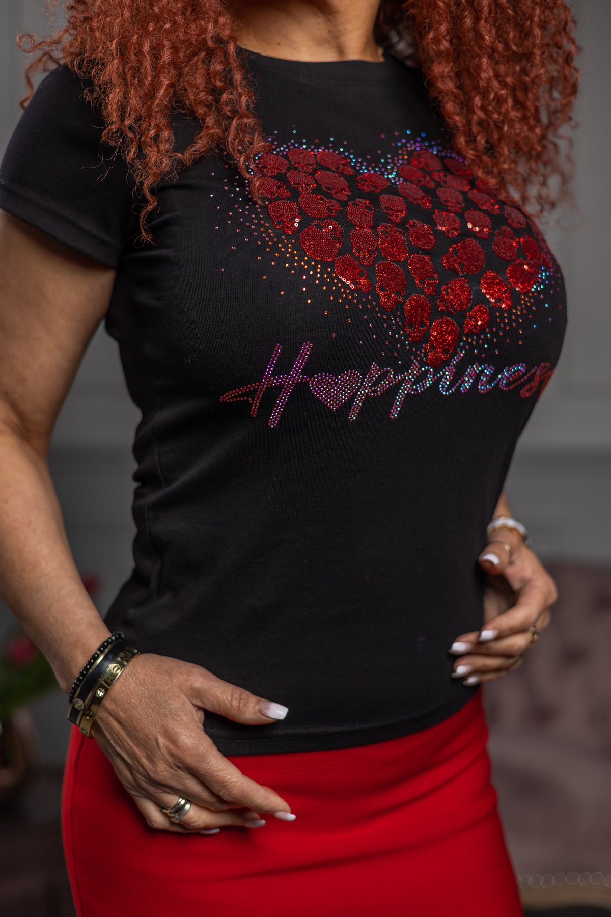Zirconia Detail Heart T-shirt Happiness Black