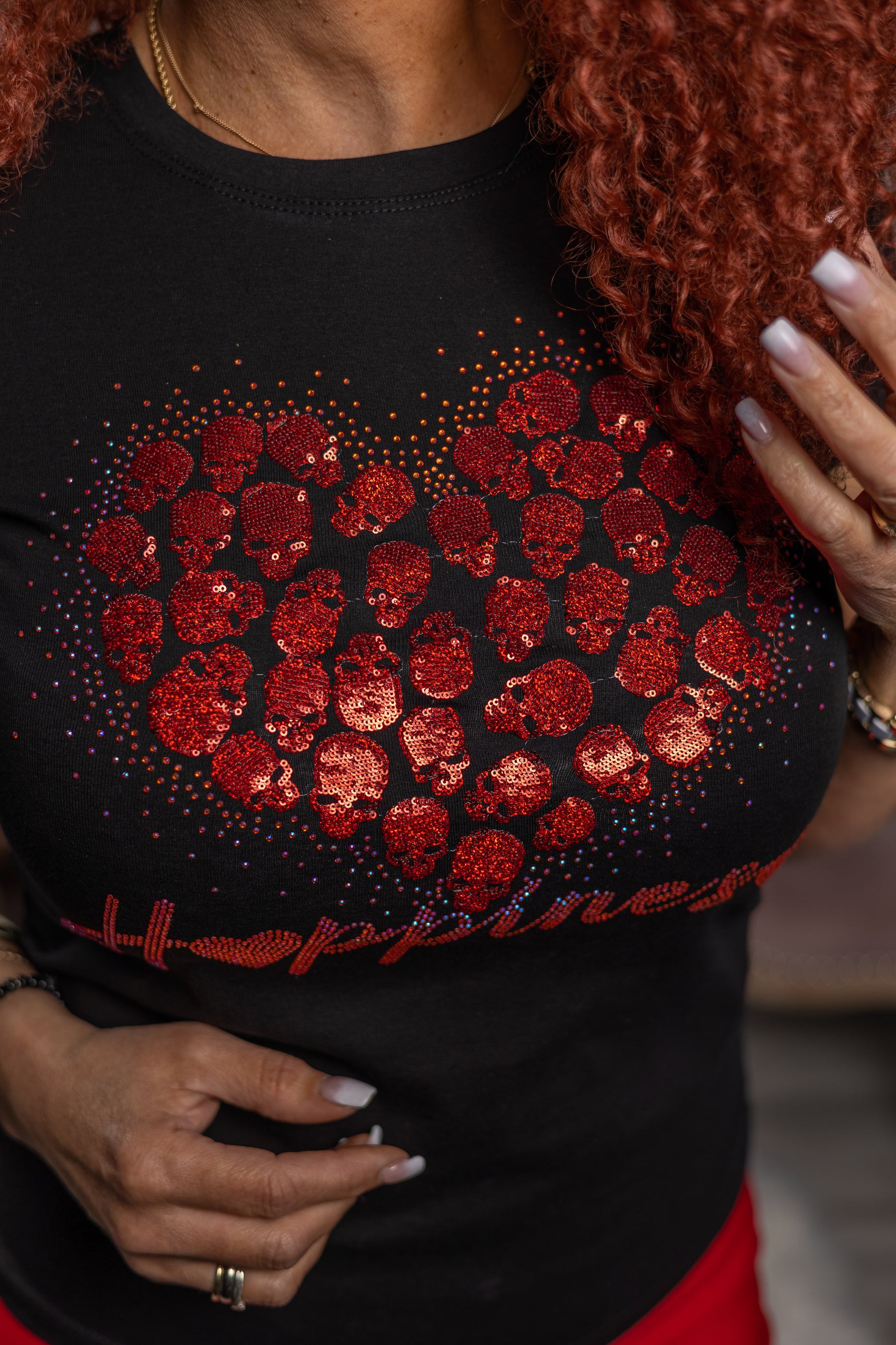 Zirconia Detail Heart T-shirt Happiness Black