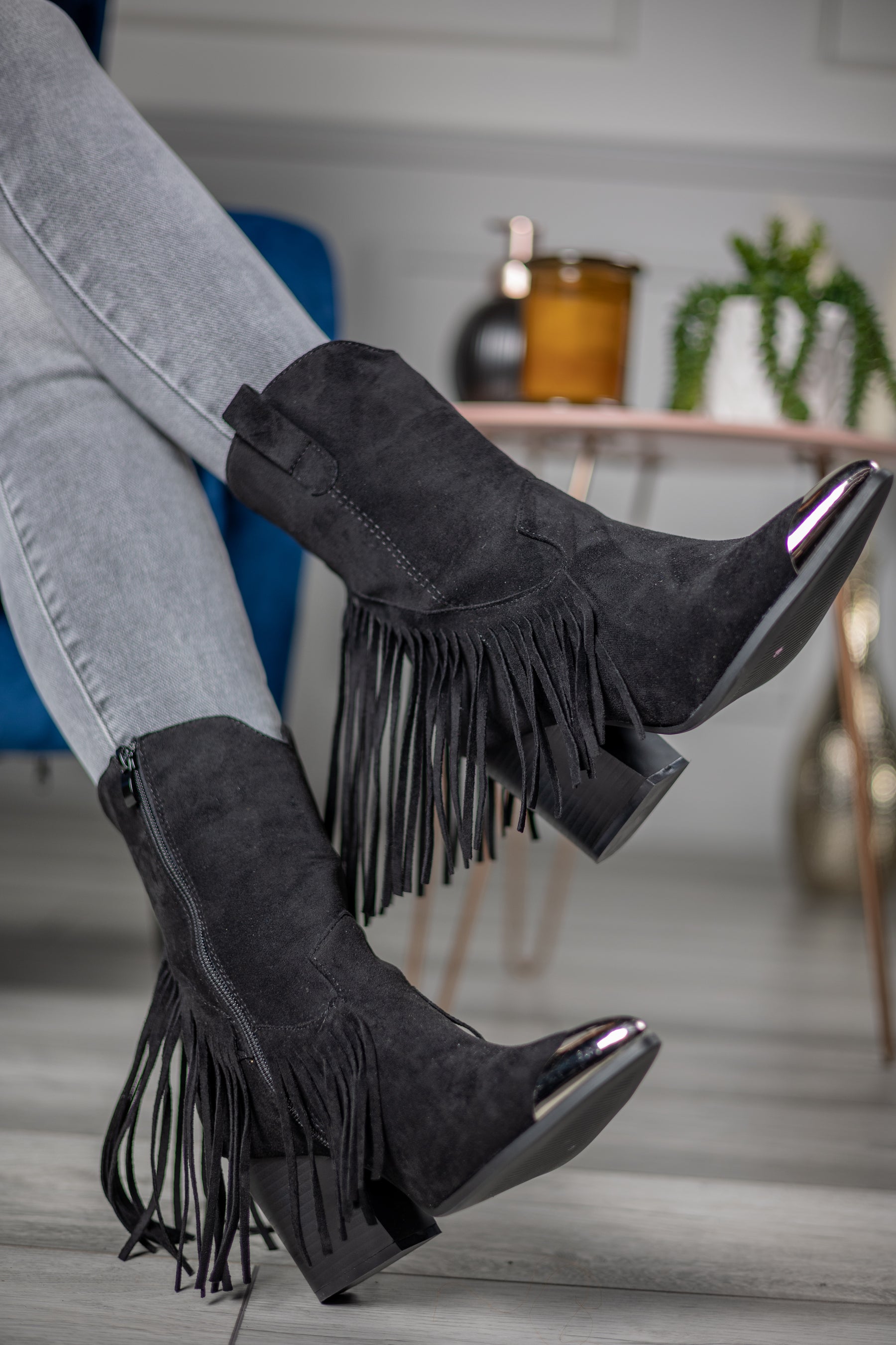 Tasselled Faux Suede Cowboy Boots Black