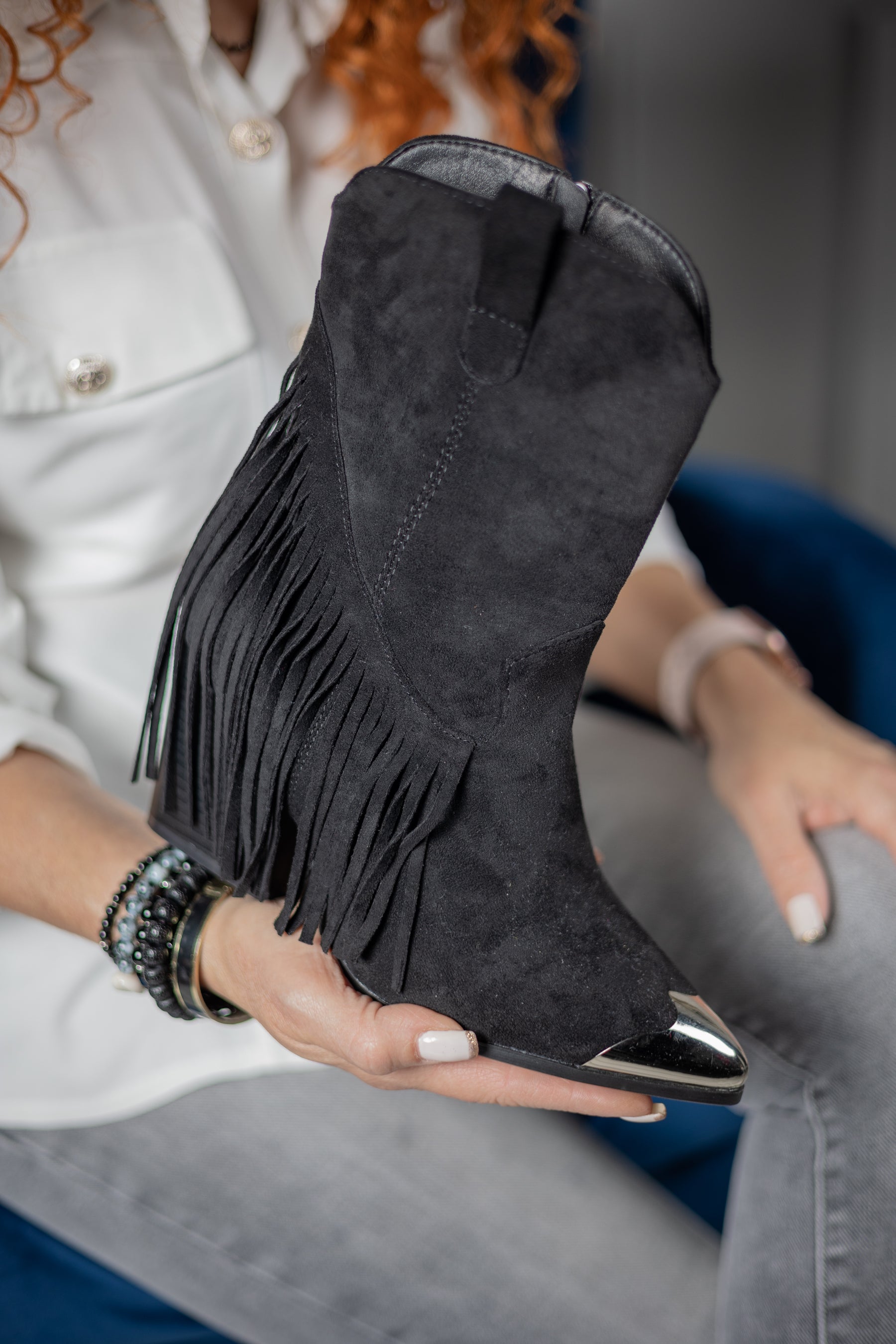 Tasselled Faux Suede Cowboy Boots Black