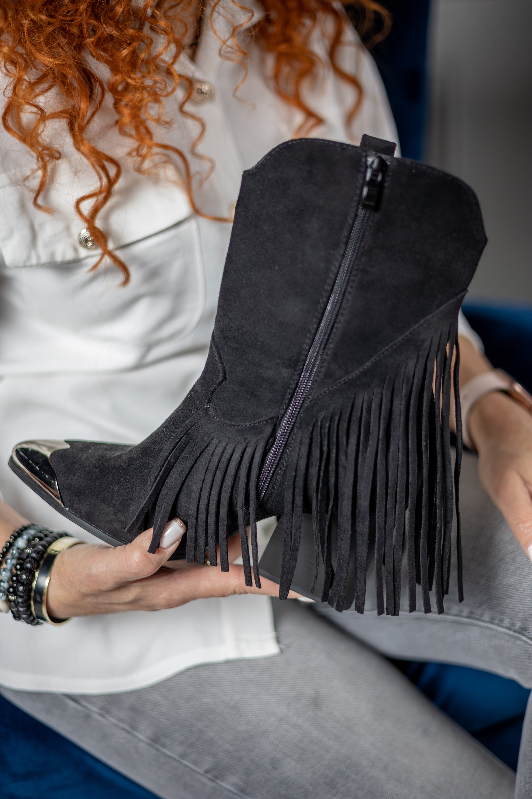 Tasselled Faux Suede Cowboy Boots Black