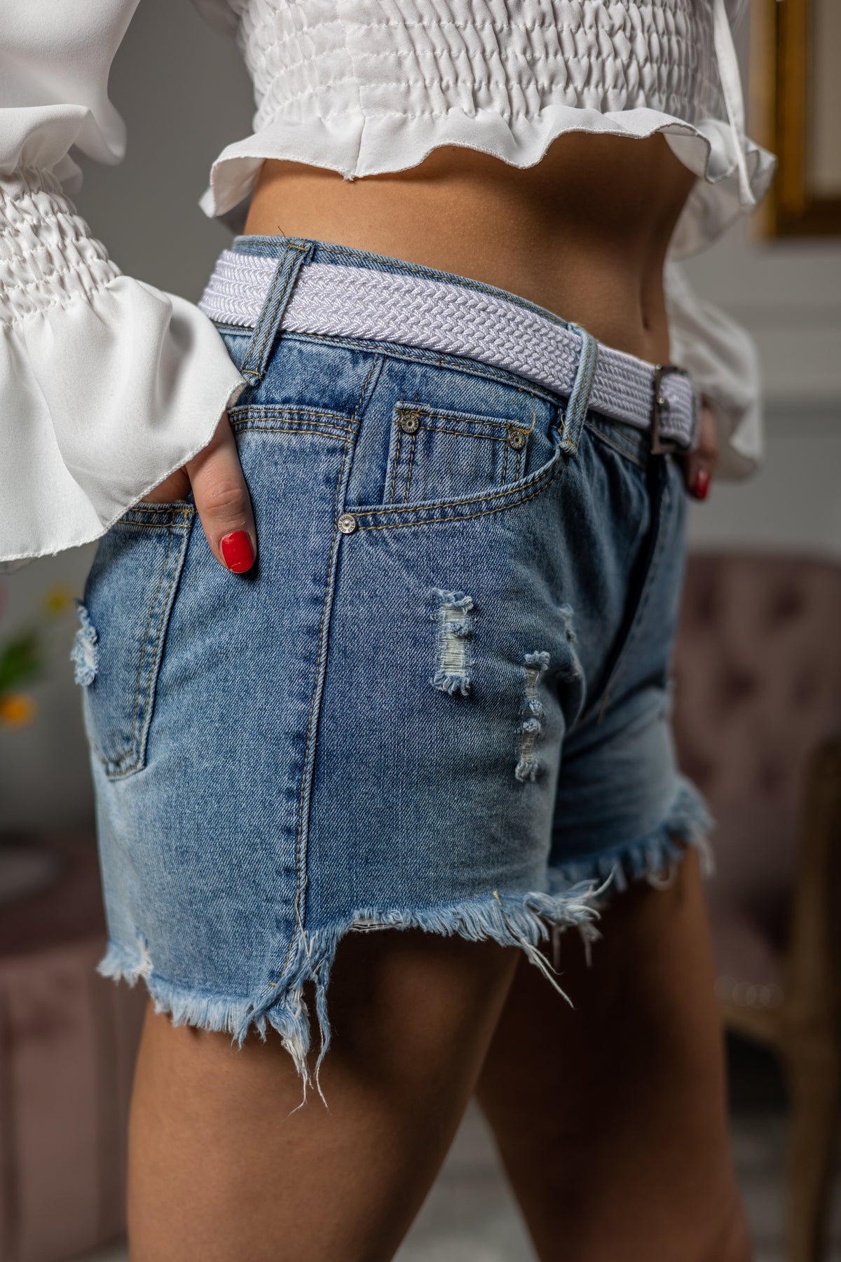 Distress Denim Shorts Stanley Blue