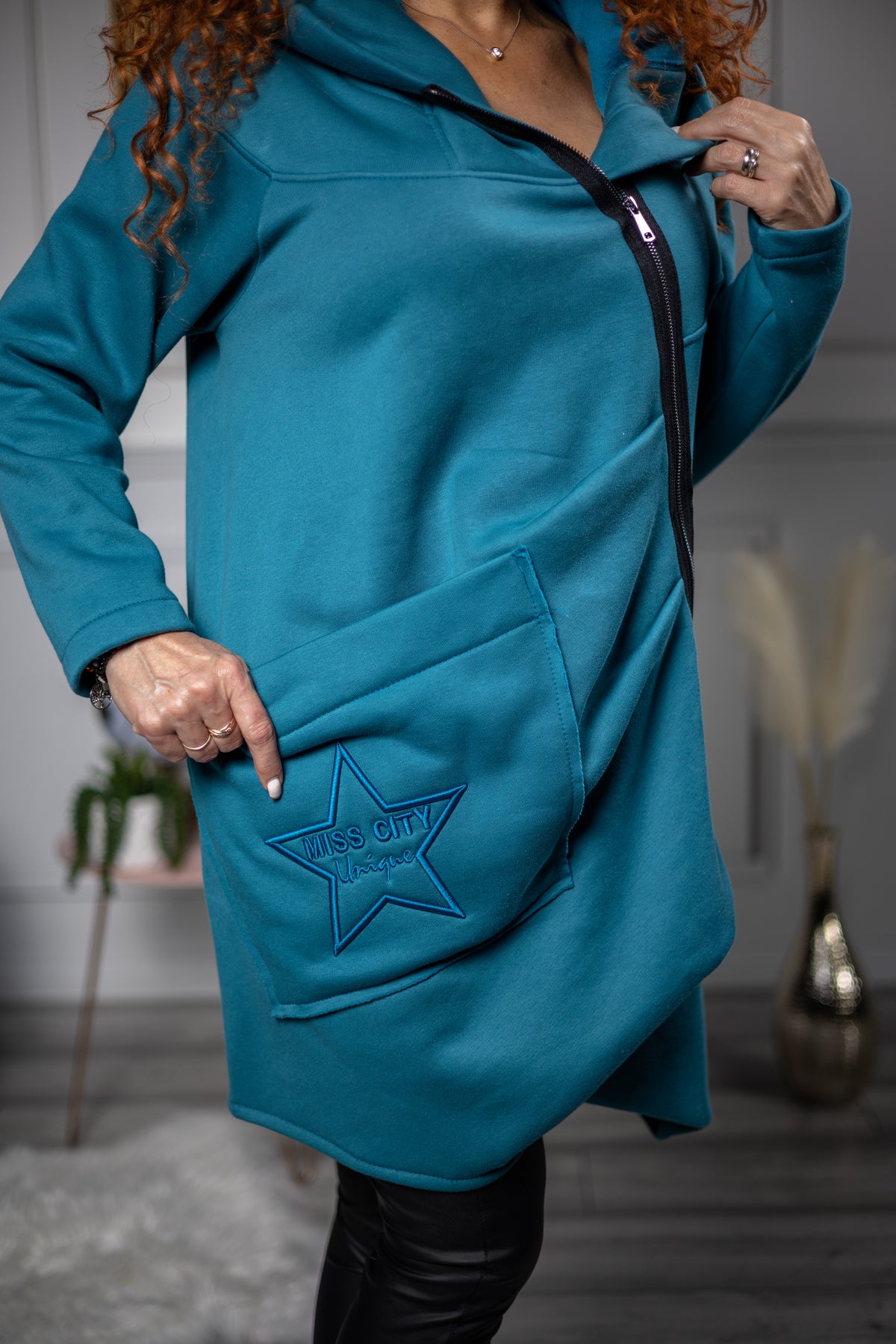 Zip Up Hooded Sweatshirt Star Turquoise