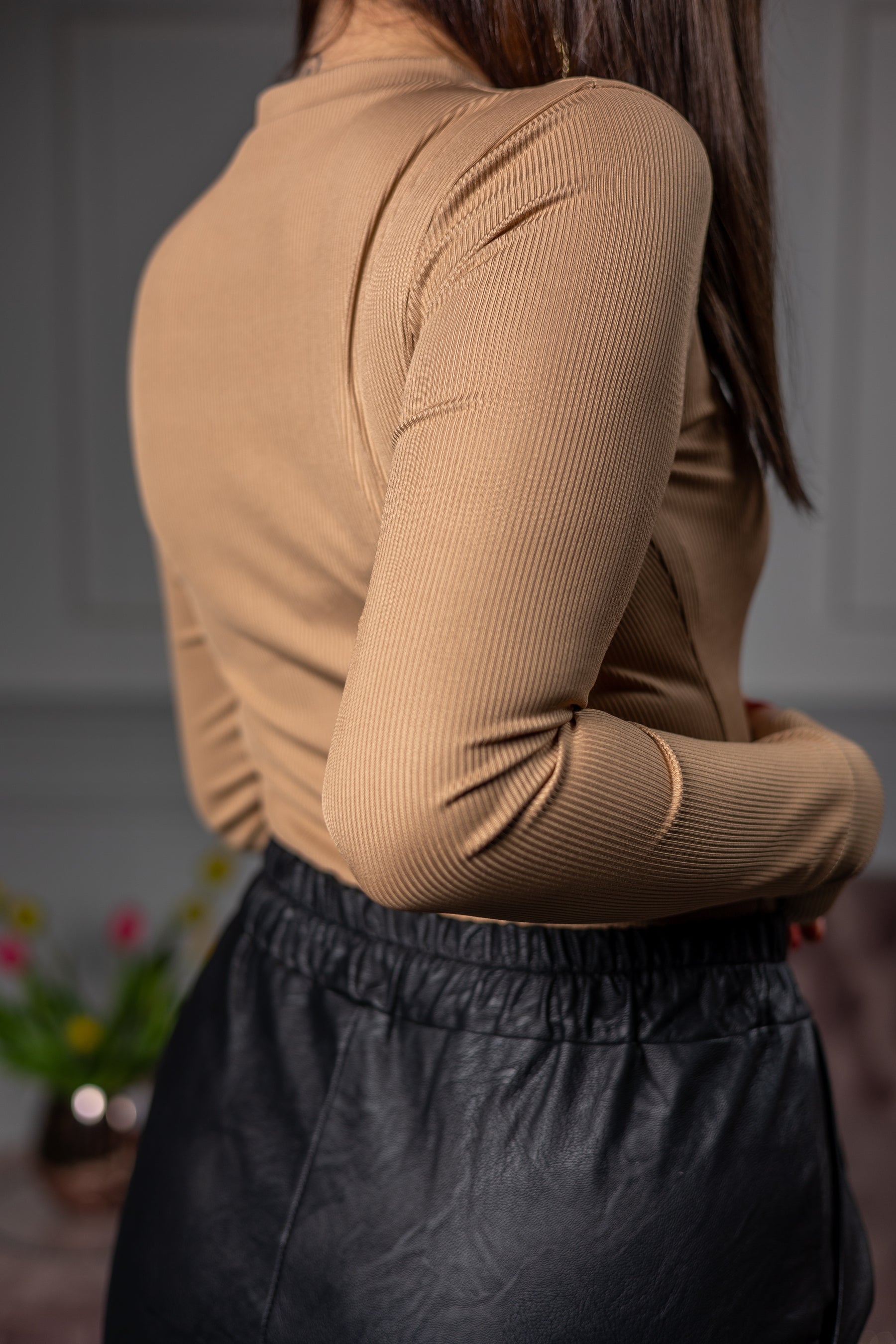 Rib Material Bodysuit Ice Camel