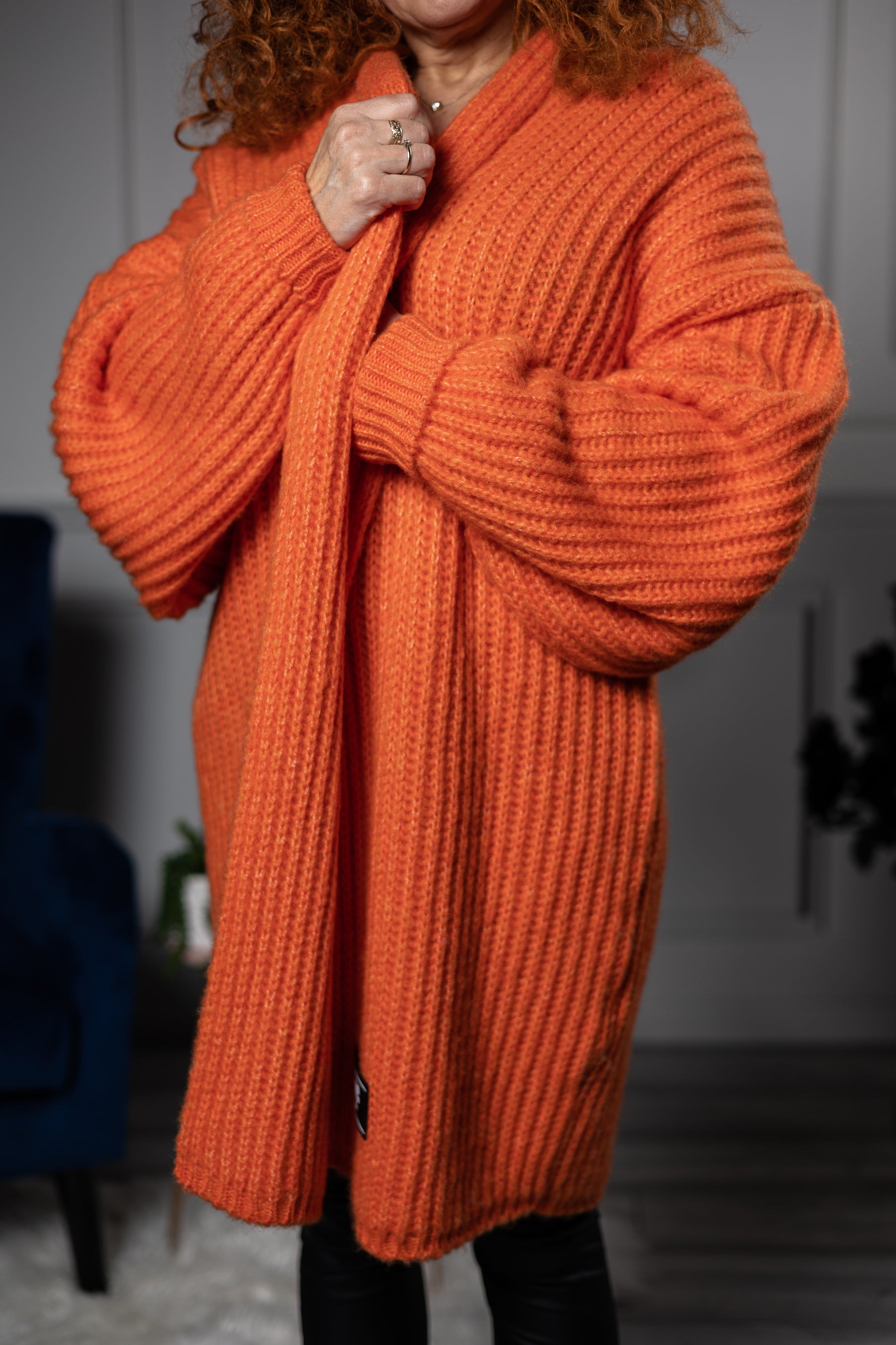 Open Front Chunky Cardigan Polo Orange