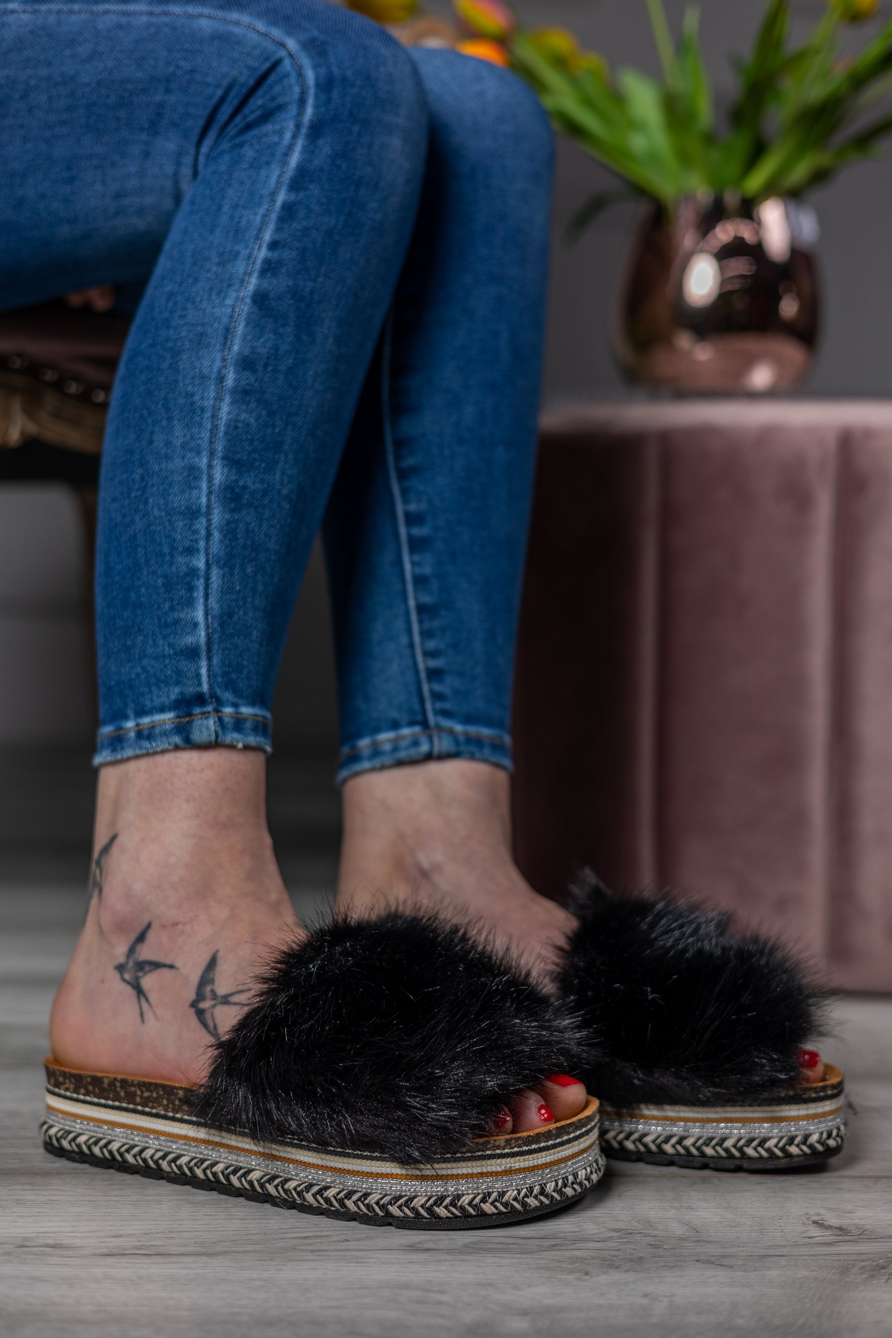 Faux Fur Sliders Bunny Black