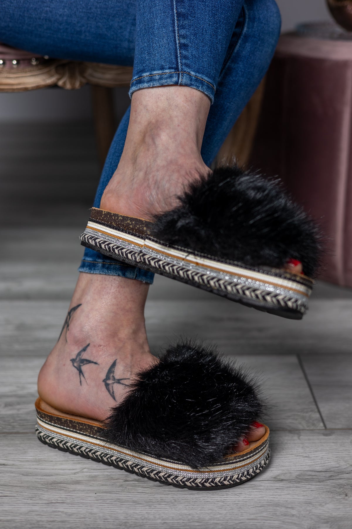 Faux Fur Sliders Bunny Black