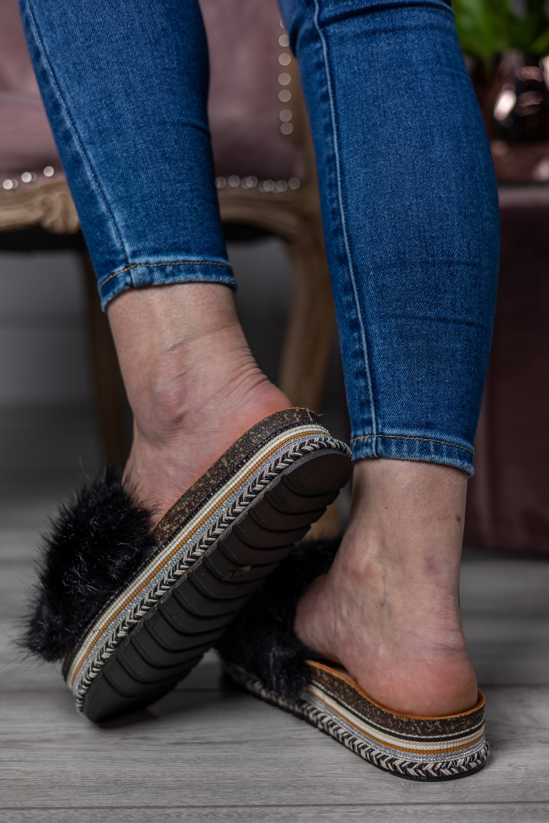 Faux Fur Sliders Bunny Black