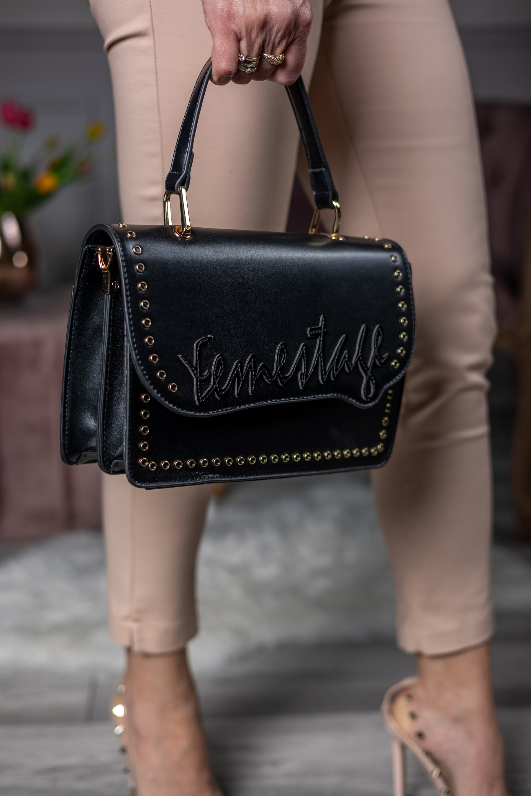 Faux Leather Grab Handle Bag Femestage Black