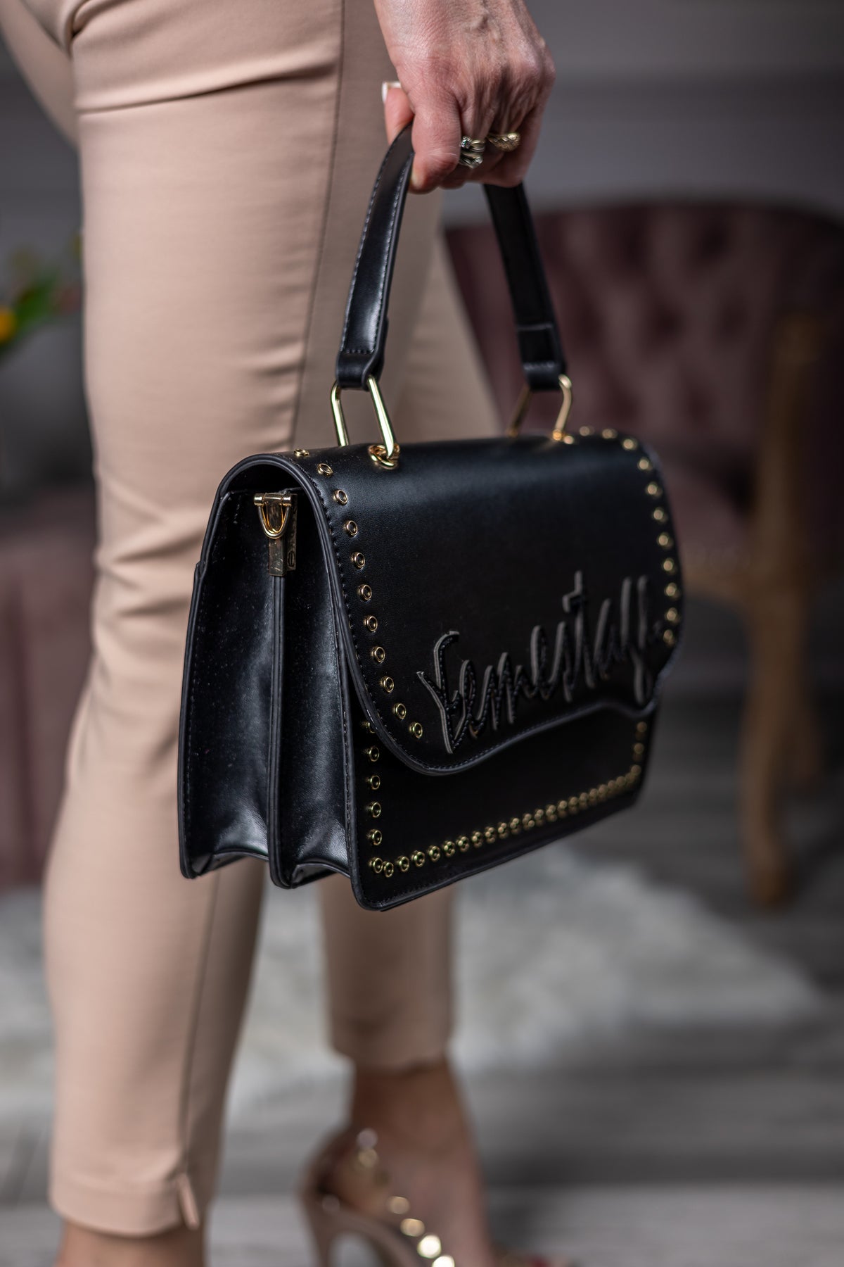 Faux Leather Grab Handle Bag Femestage Black