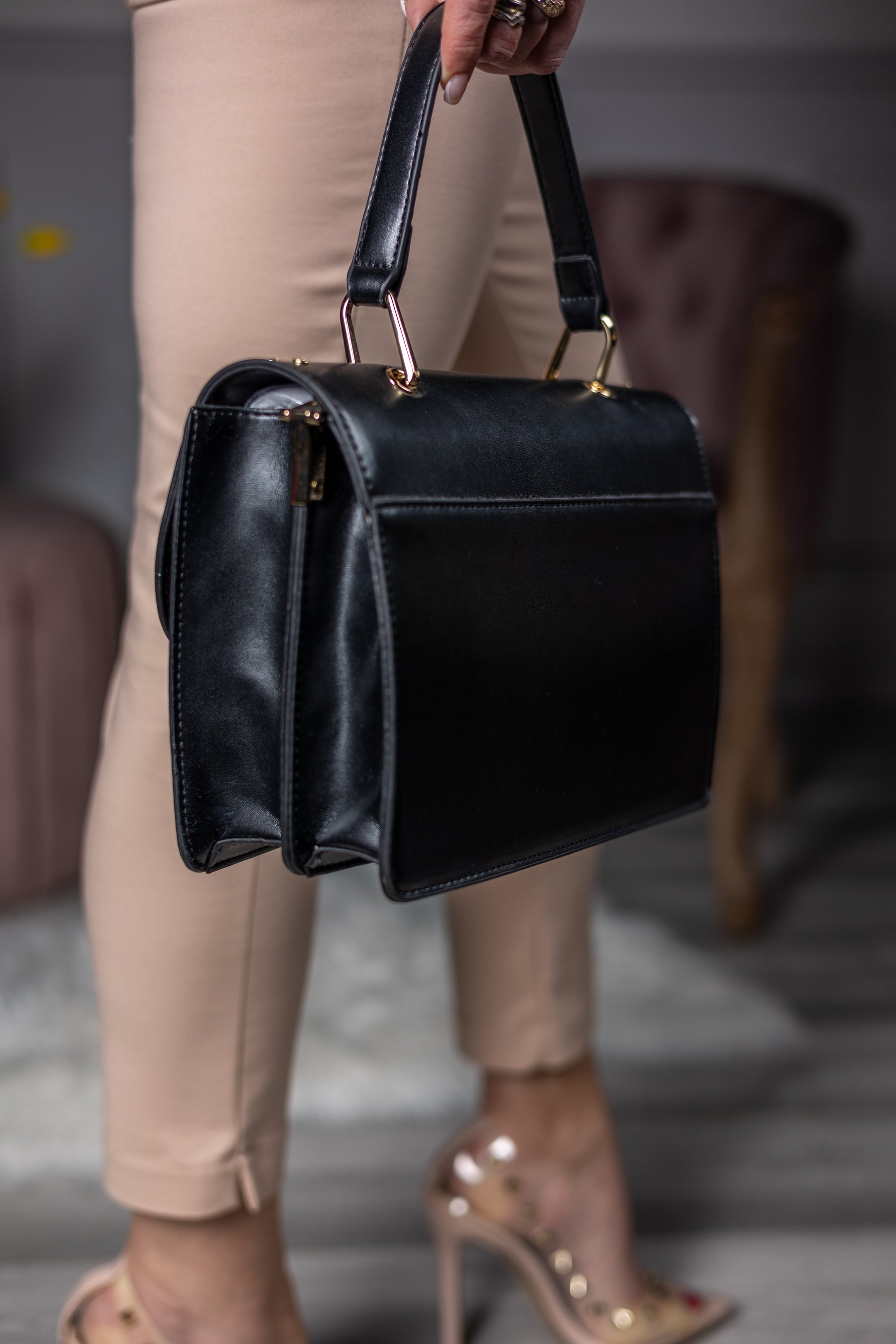 Faux Leather Grab Handle Bag Femestage Black