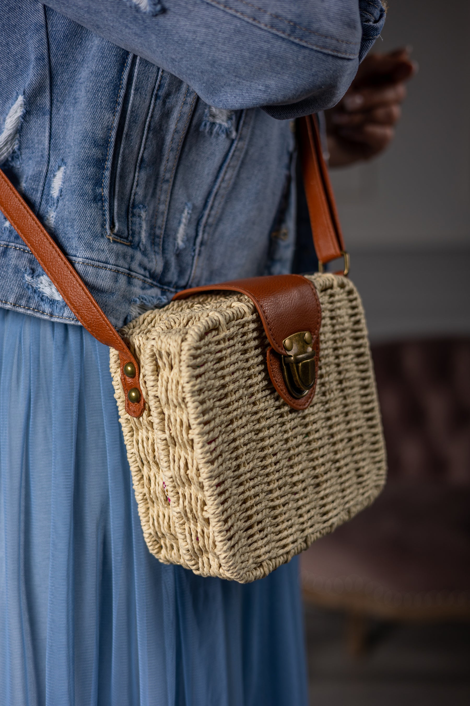 Straw Square Handbag Mila Tan