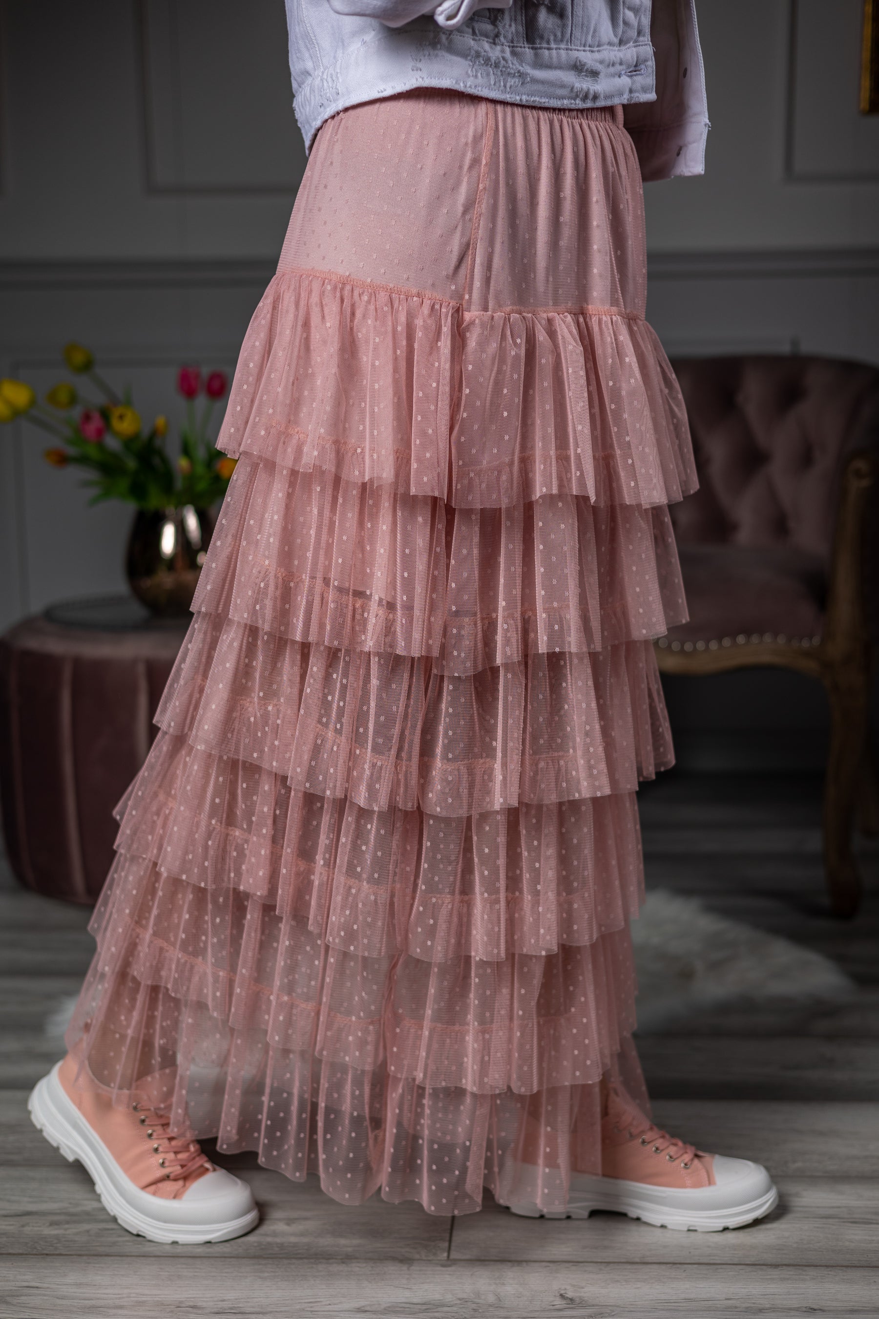 Tulle Ruffled Maxi Skirt Tulip Pink