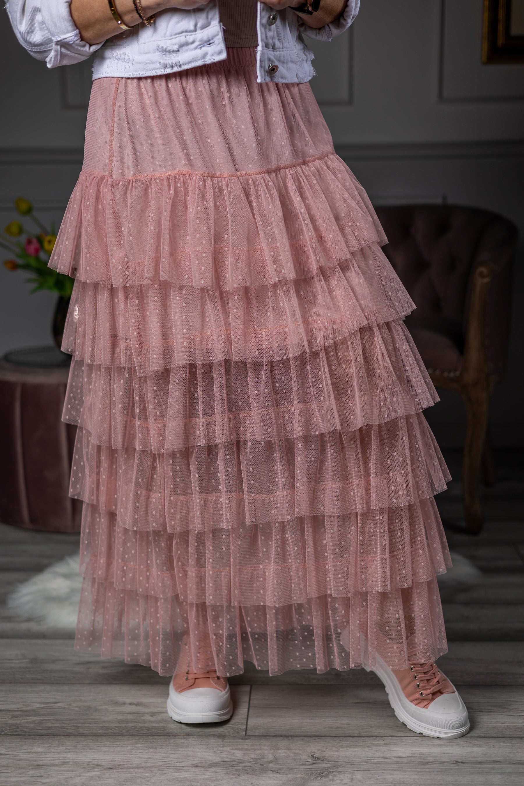 Tulle Ruffled Maxi Skirt Tulip Pink