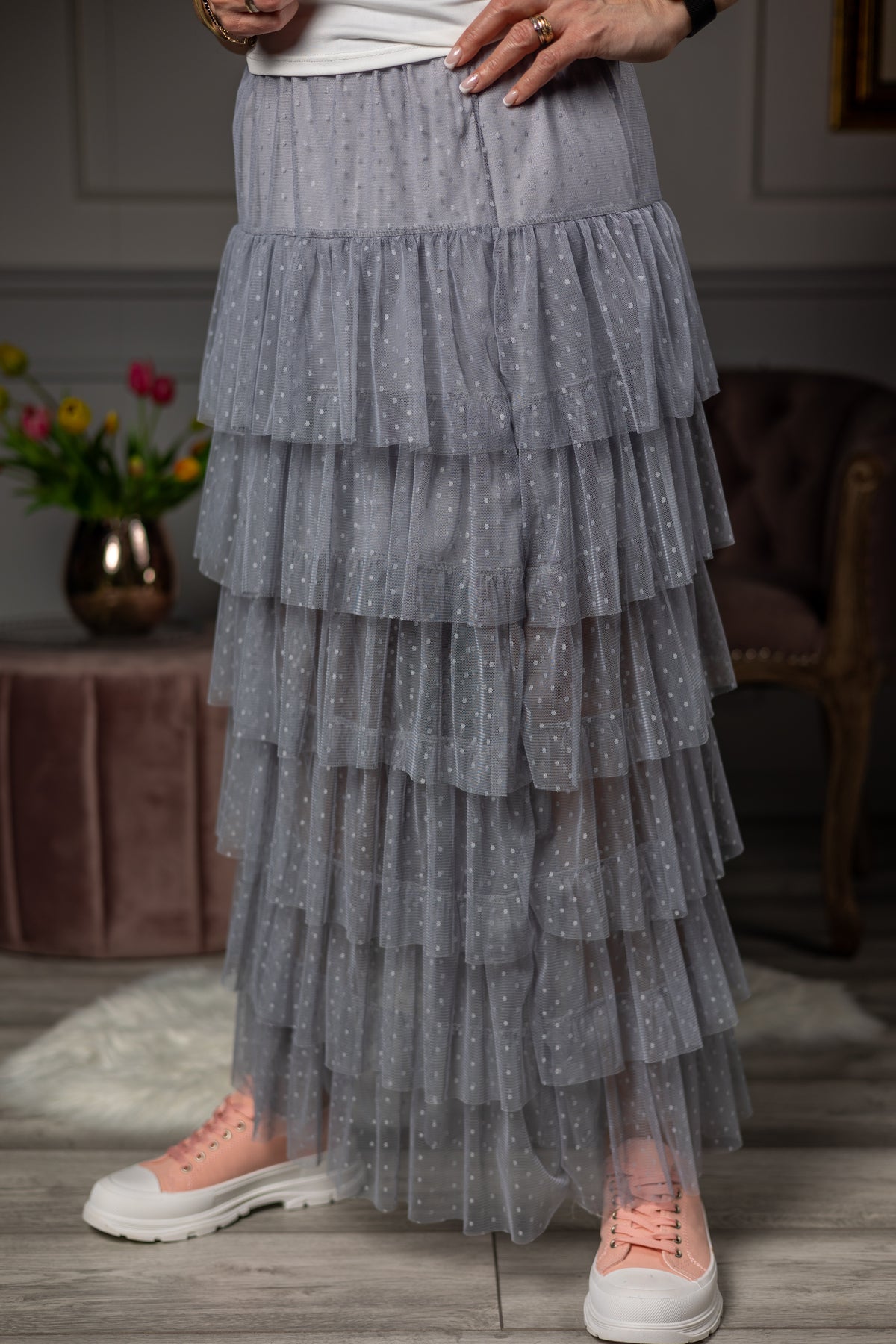 Tulle Ruffled Maxi Skirt Tulip Grey