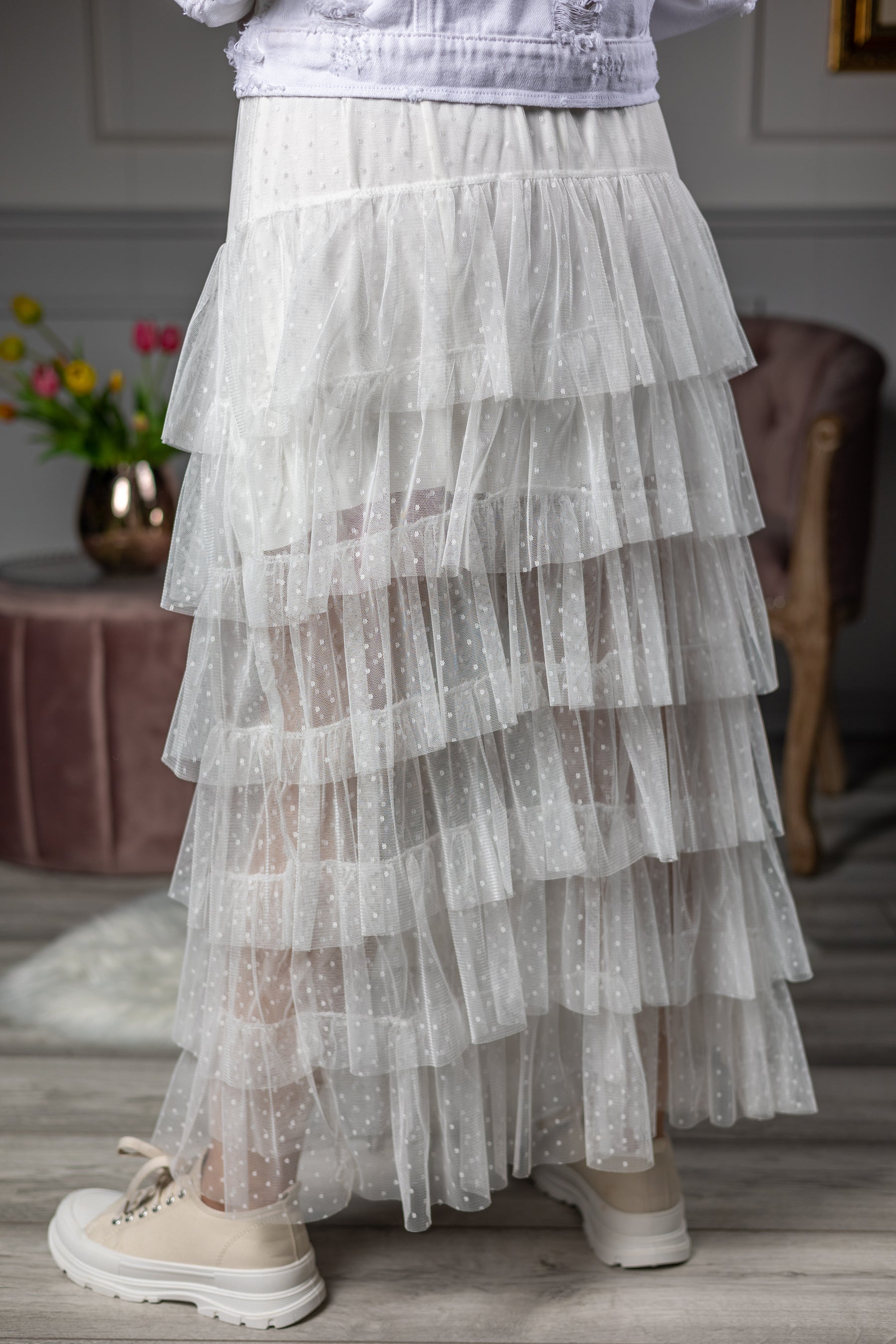 Tulle Ruffled Maxi Skirt Tulip White