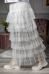 Tulle Ruffled Maxi Skirt Tulip White