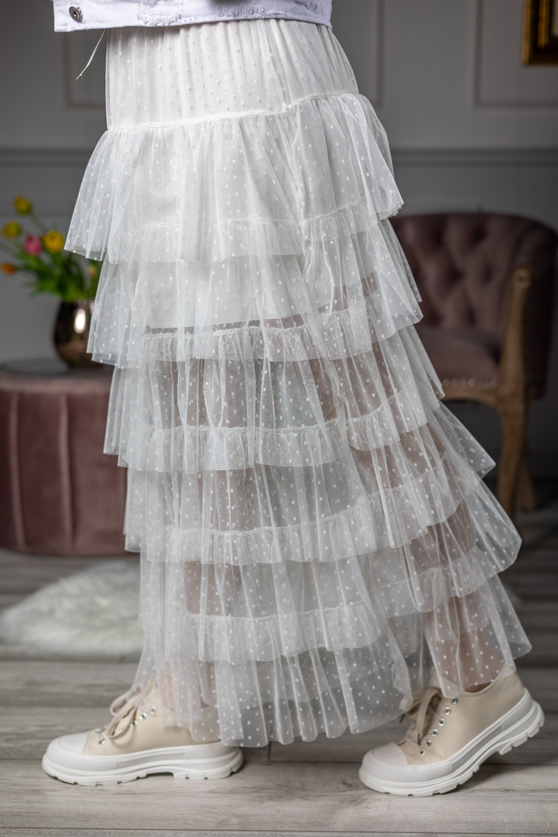 Tulle Ruffled Maxi Skirt Tulip White