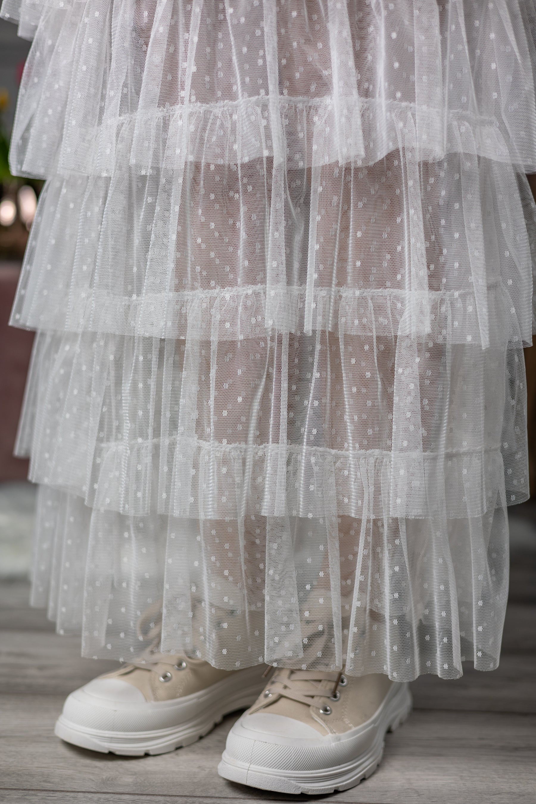 Tulle Ruffled Maxi Skirt Tulip White
