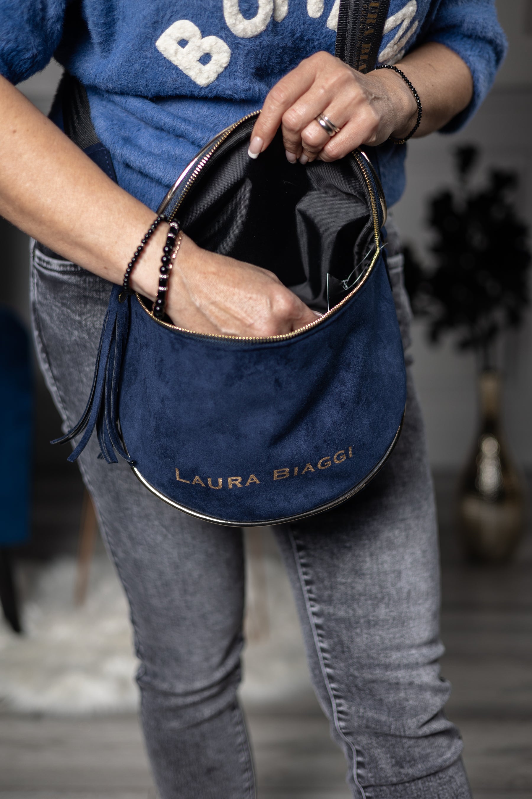 Faux Suede Handbag Barrel Blue