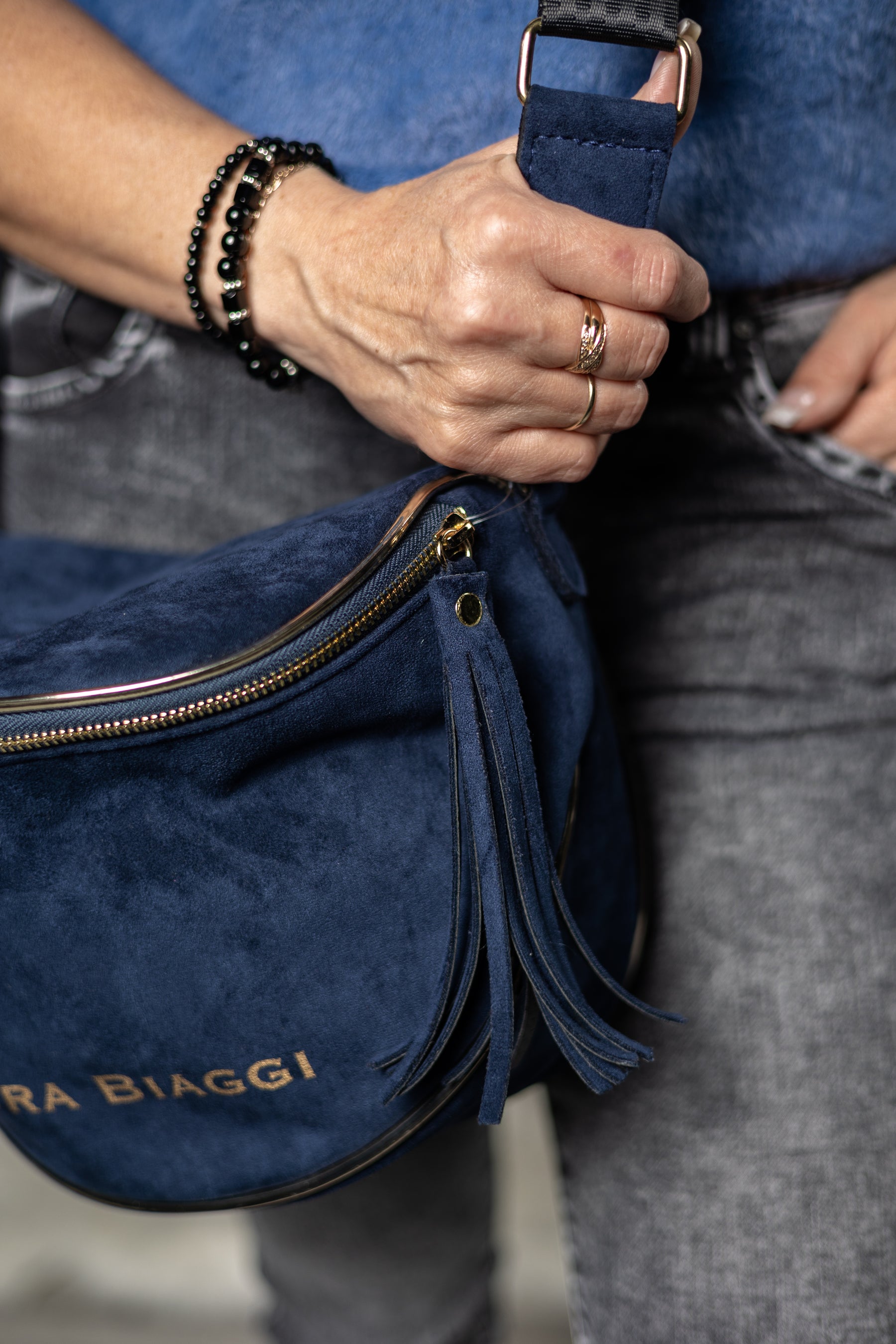 Faux Suede Handbag Barrel Blue