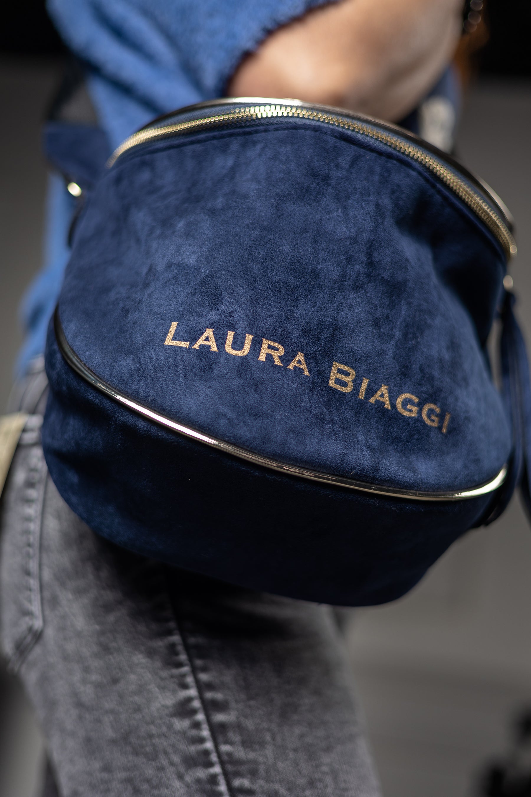 Faux Suede Handbag Barrel Blue