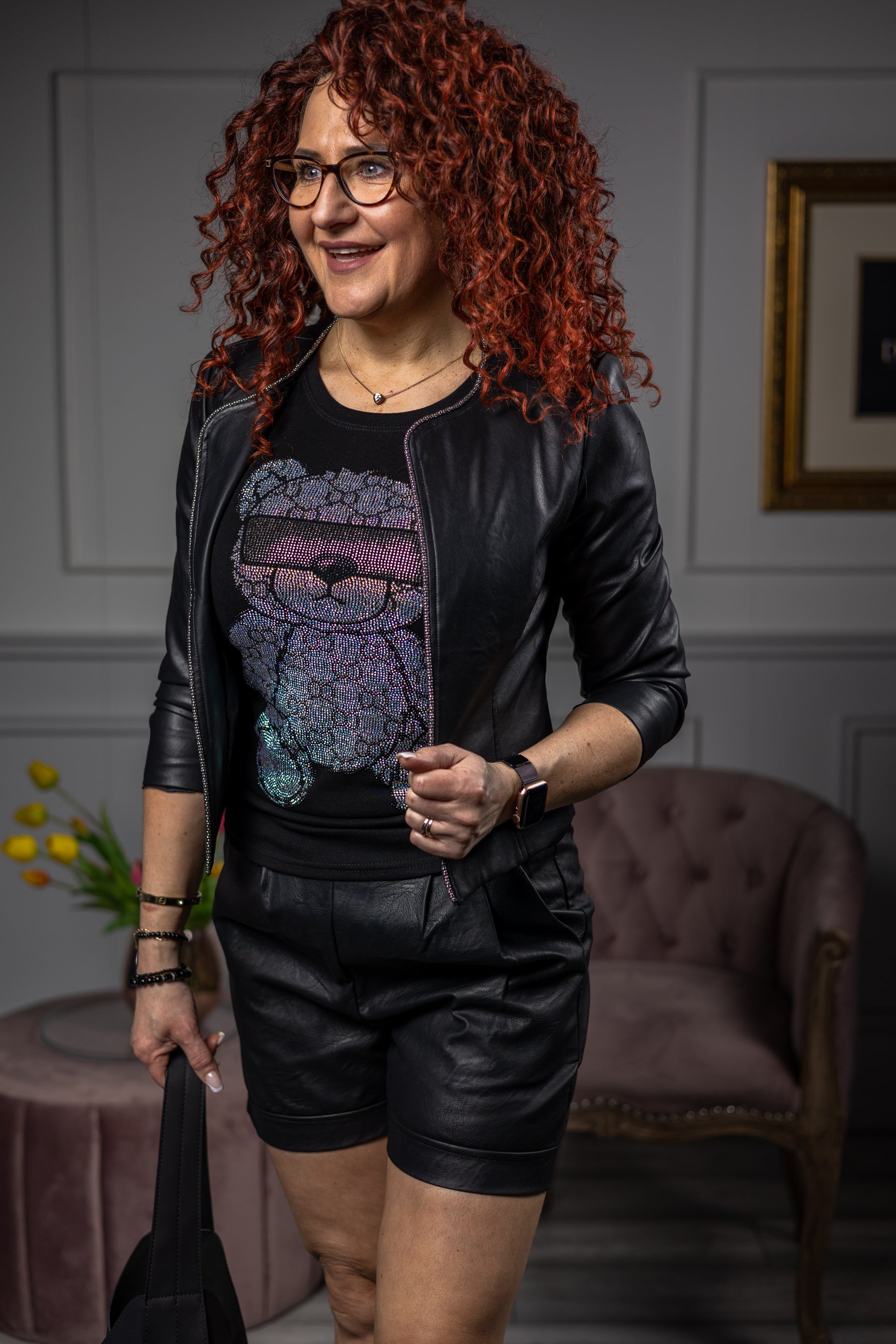 Zirconia Detail T-shirt Bear Black