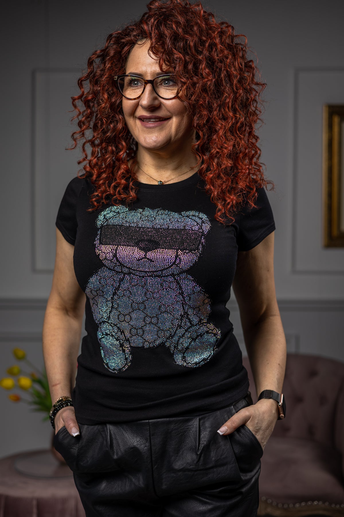 Zirconia Detail T-shirt Bear Black