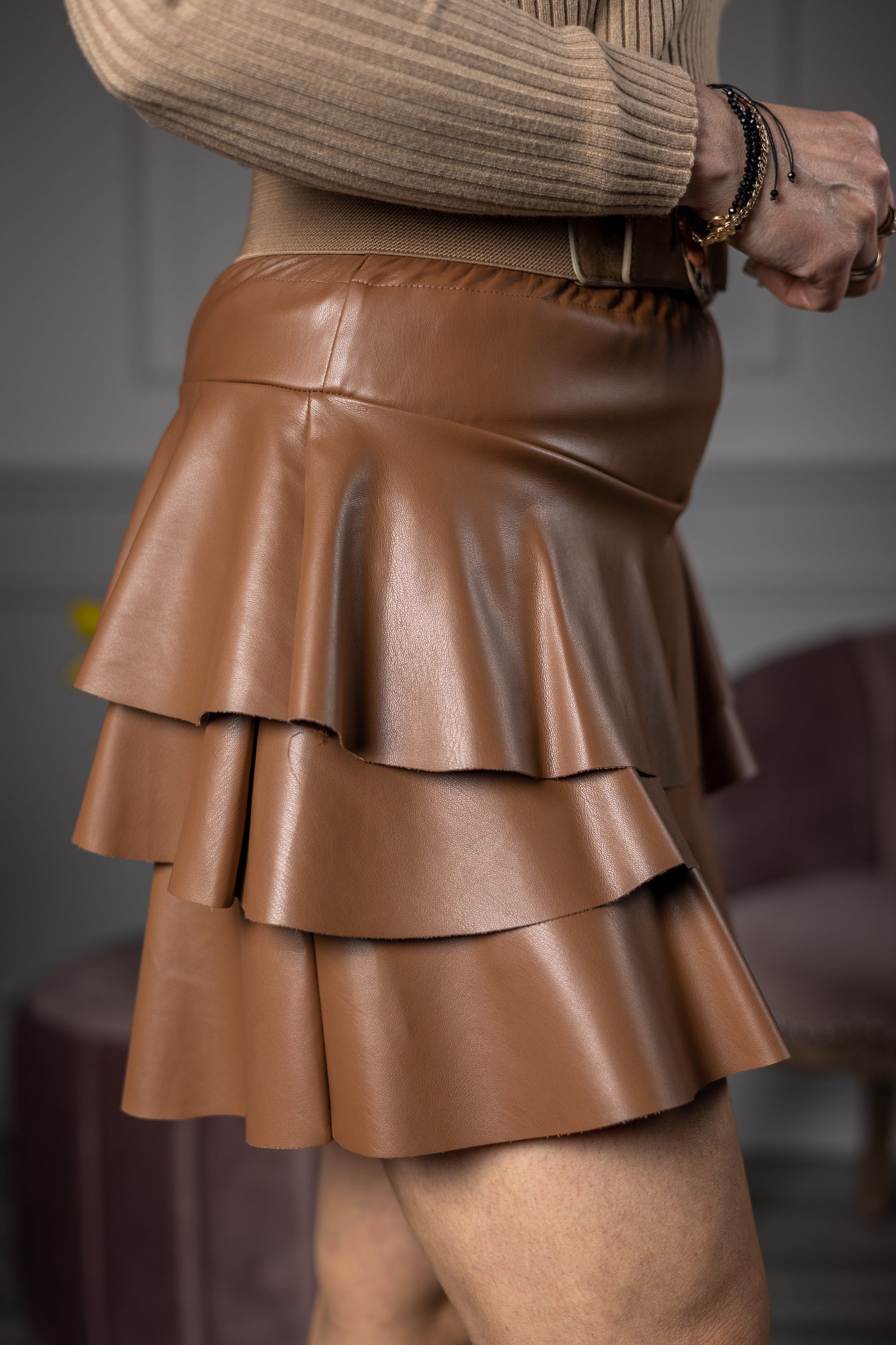 Faux Leather Mini Skirt Thelma Camel