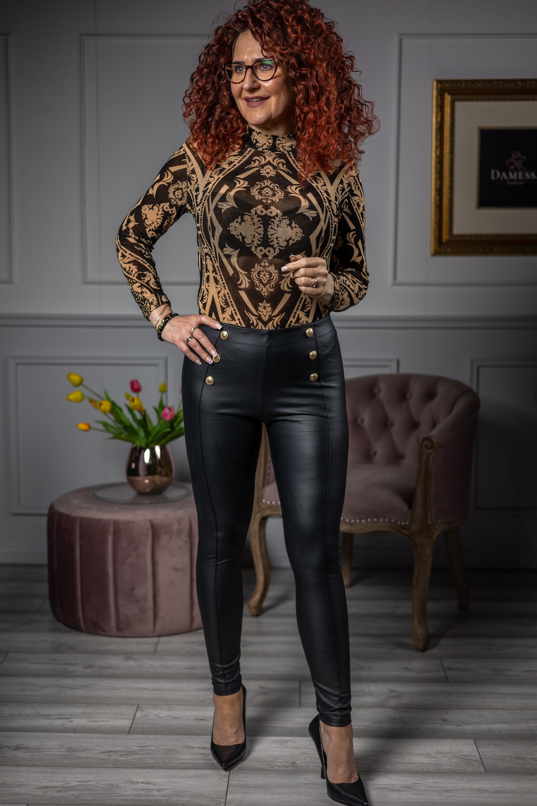 Mesh Material Bodysuit April Camel