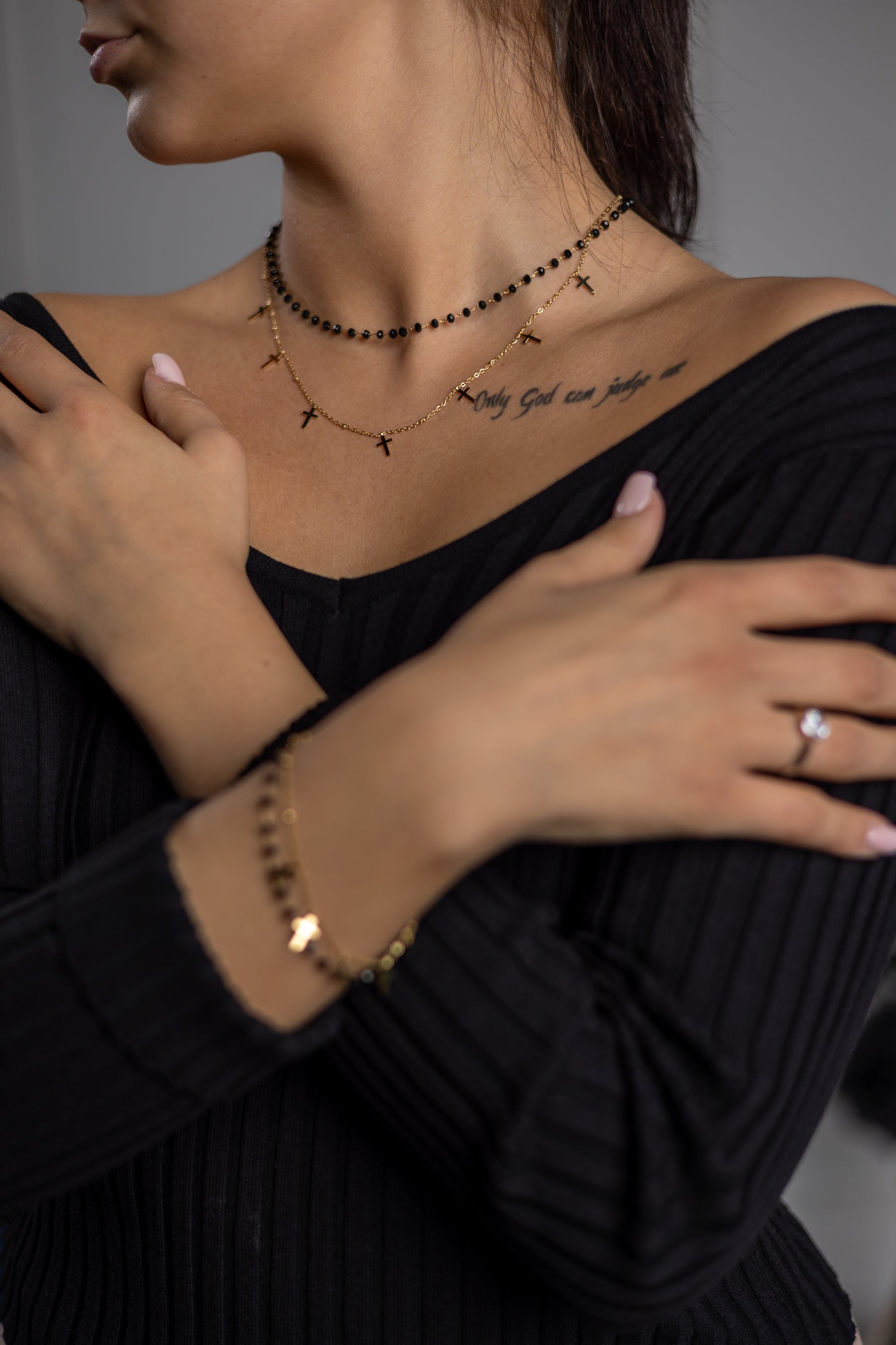 Layered Gold and Black Beed Necklace Cross ✨ ✨