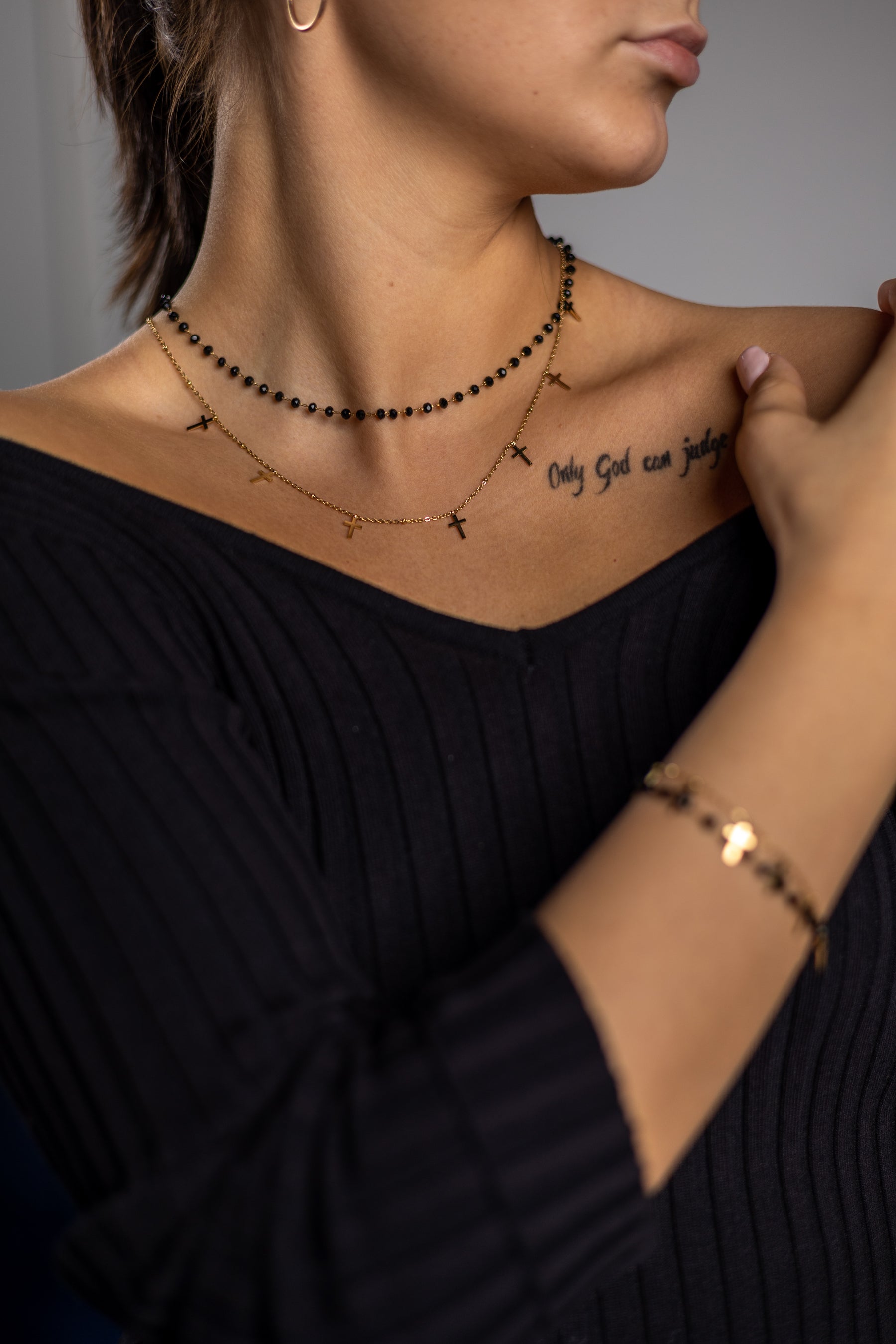 Layered Gold and Black Beed Necklace Cross ✨ ✨