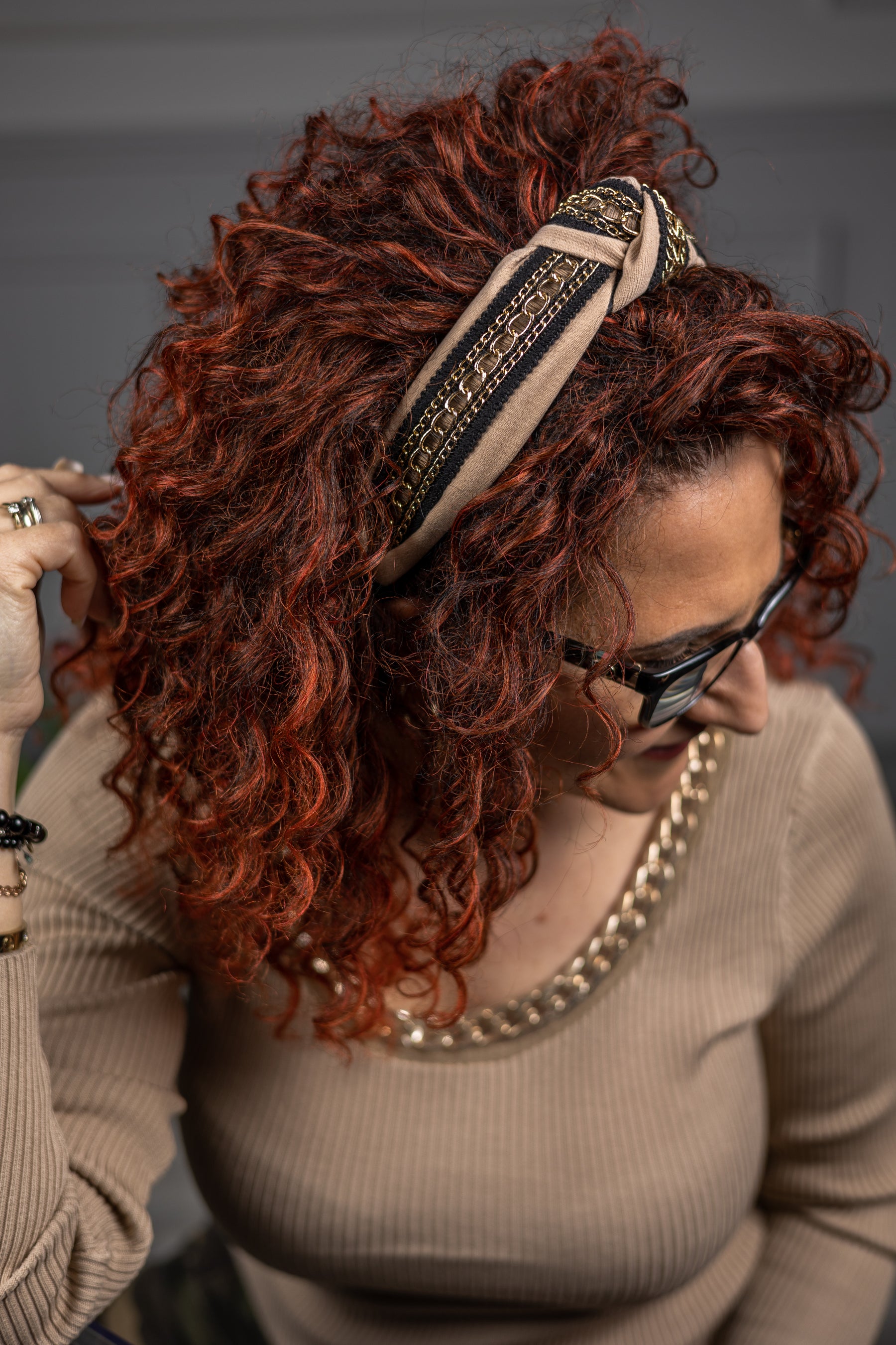 Velvet Fabric Chain Headband Alice Beige