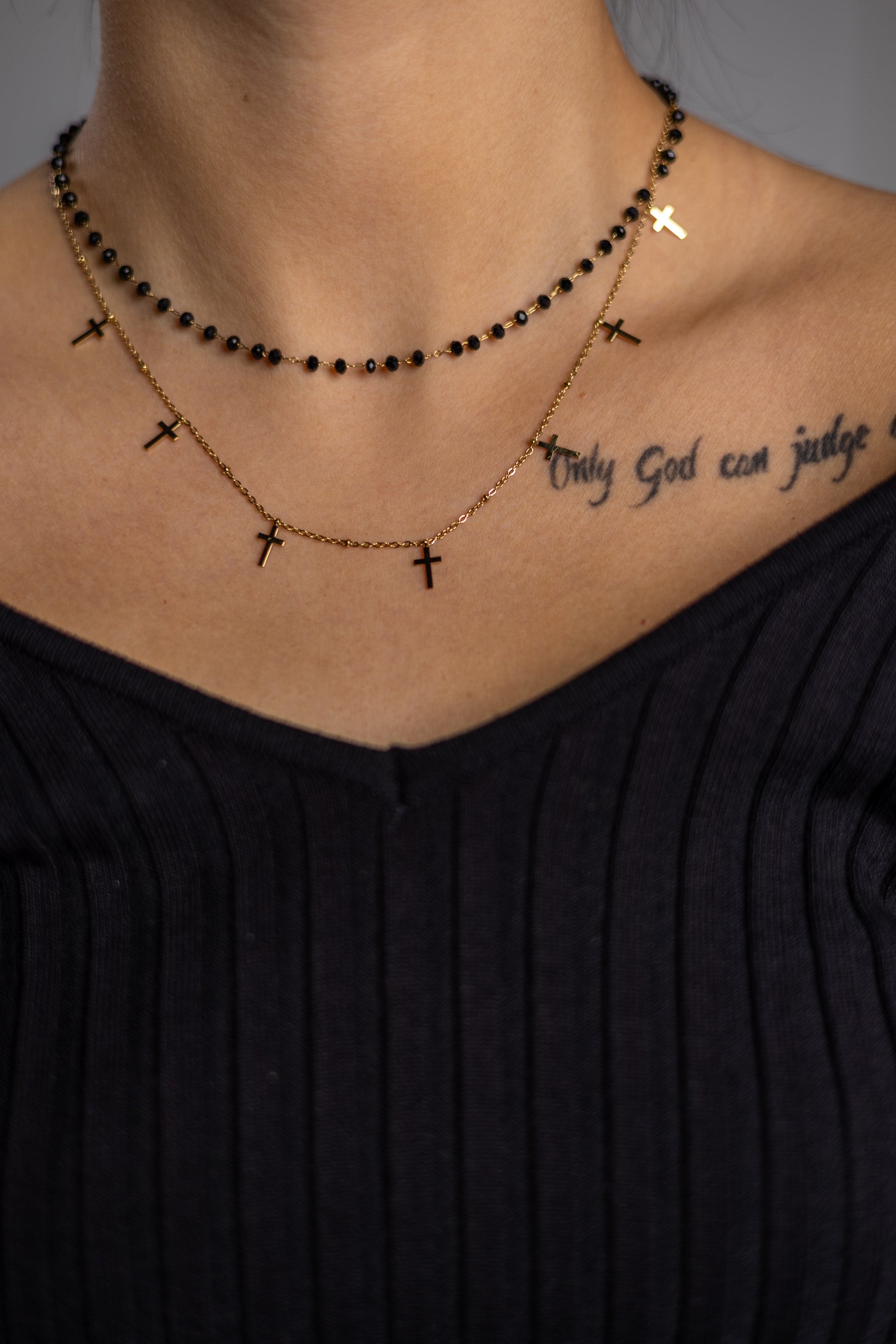 Layered Gold and Black Beed Necklace Cross ✨ ✨