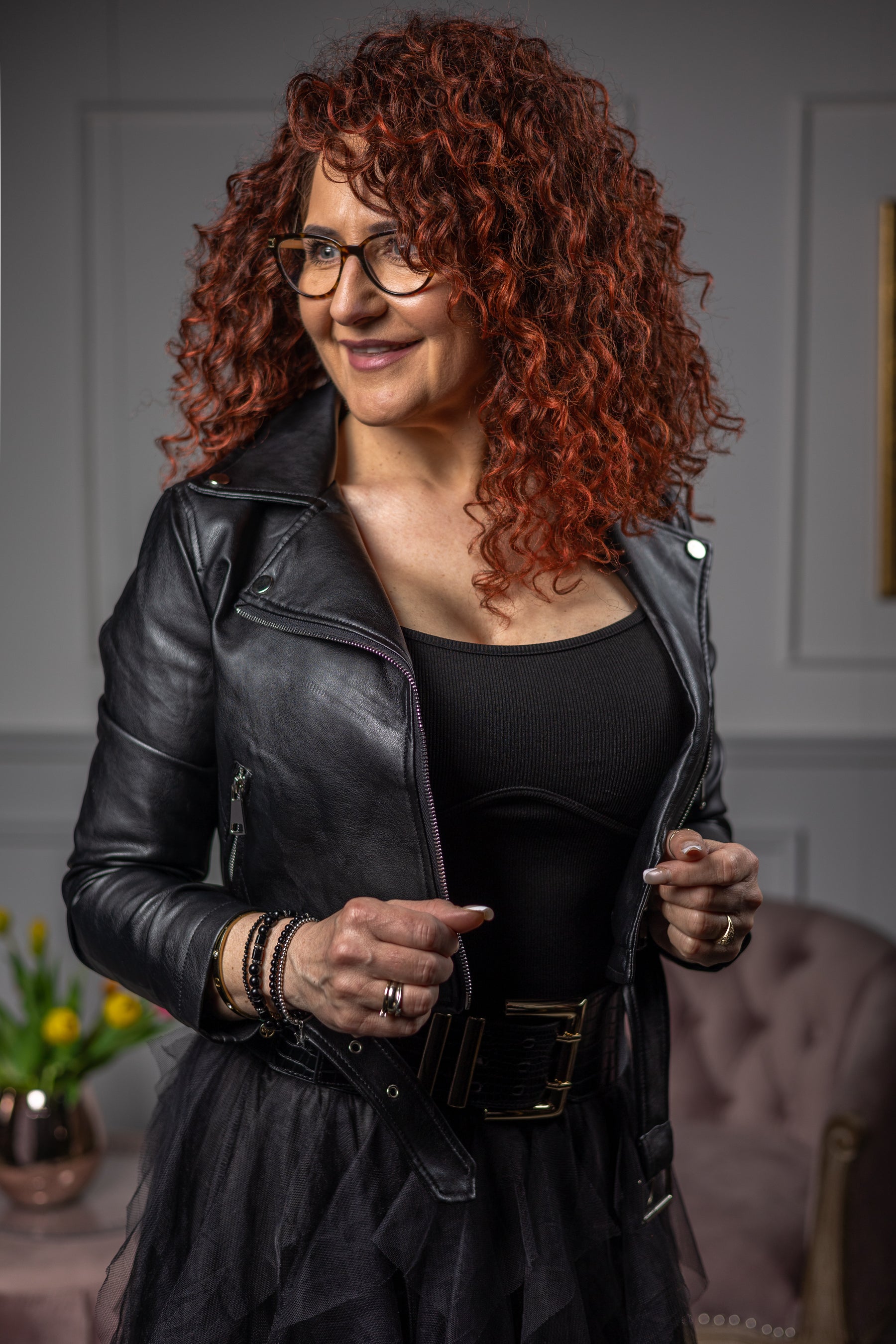 Faux Leather Biker Jacket Wings Black