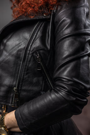 Faux Leather Biker Jacket Wings Black