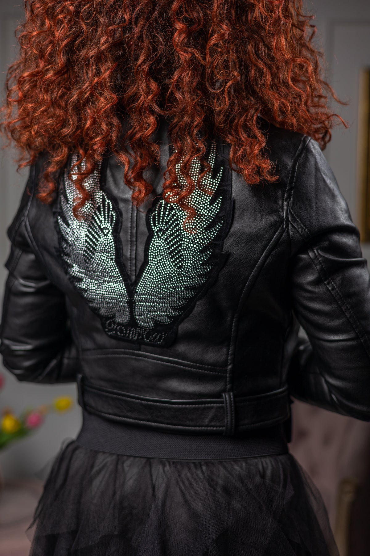 Faux Leather Biker Jacket Wings Black
