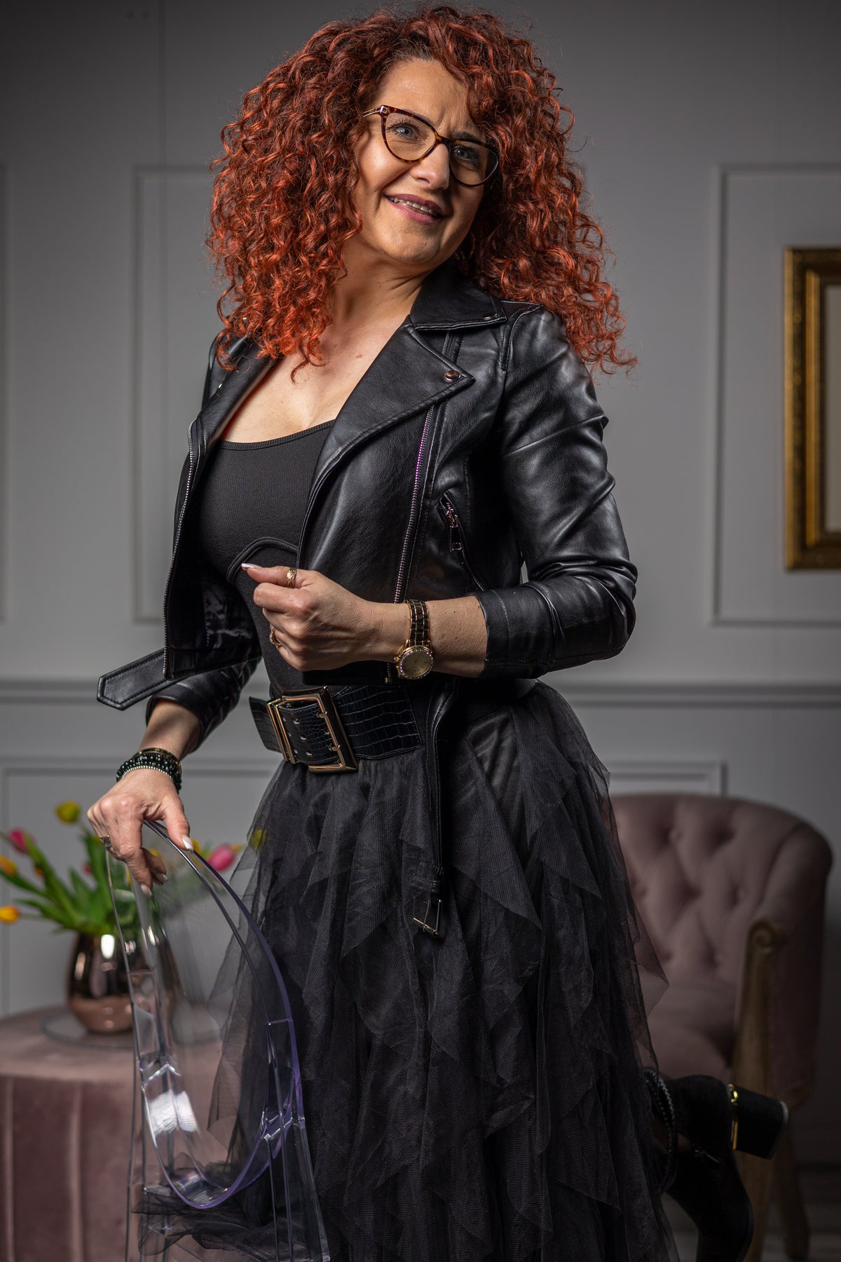 Faux Leather Biker Jacket Wings Black