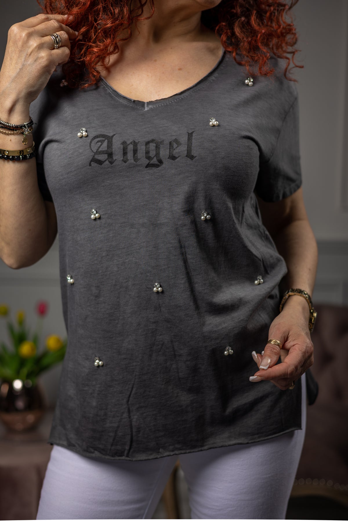Pearl Detail V-neck T-shirt Angelo Grey