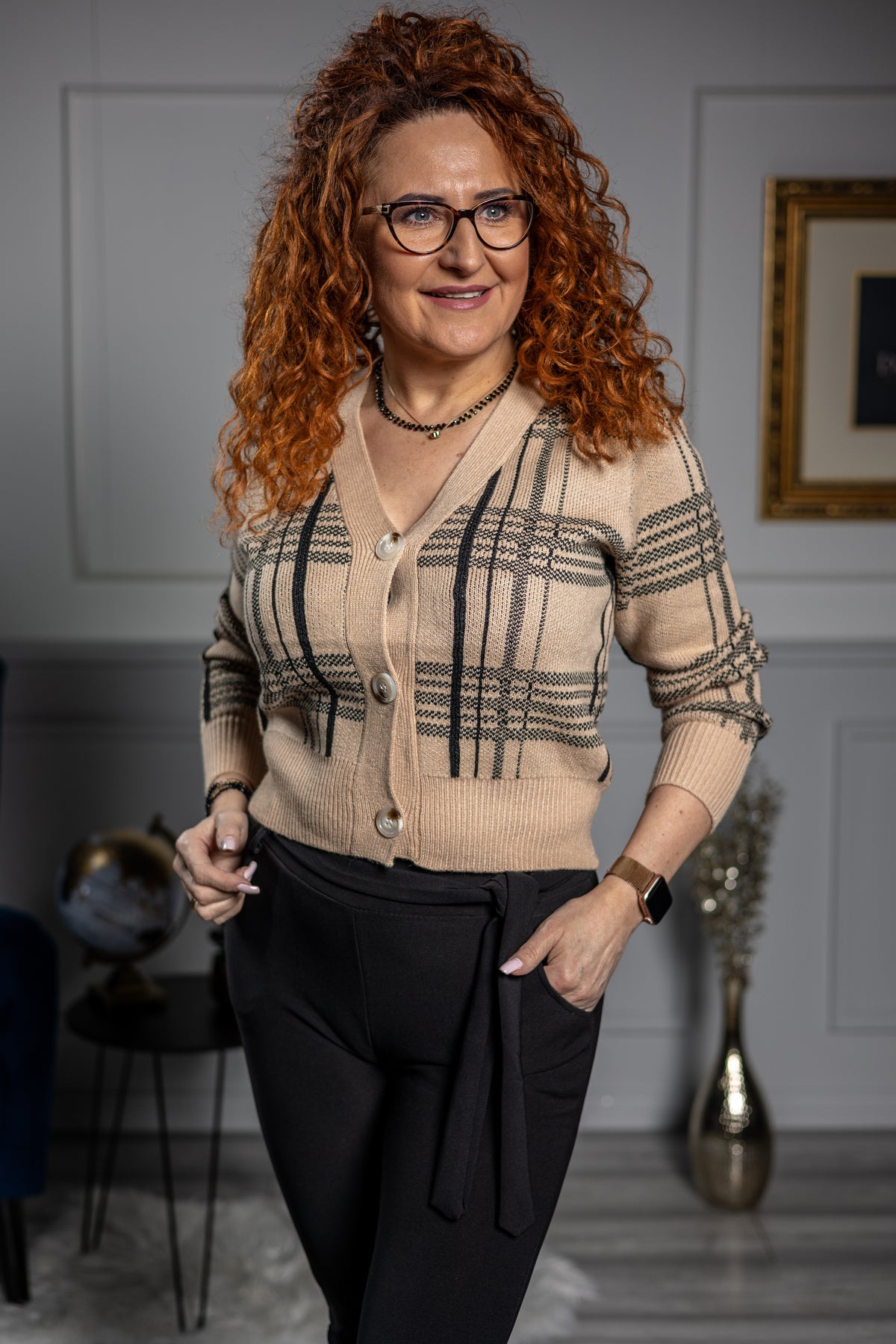 Check Print Cardigan Nevada Camel