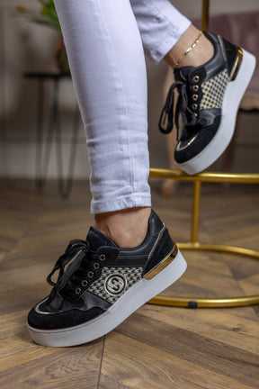 White Rubber Soled Platform Trainers Chess Black