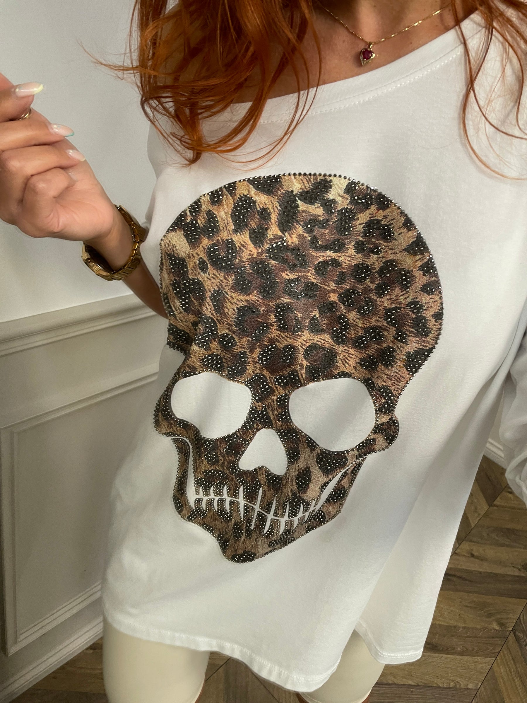 Oversized Long Sleeve Top Skull White